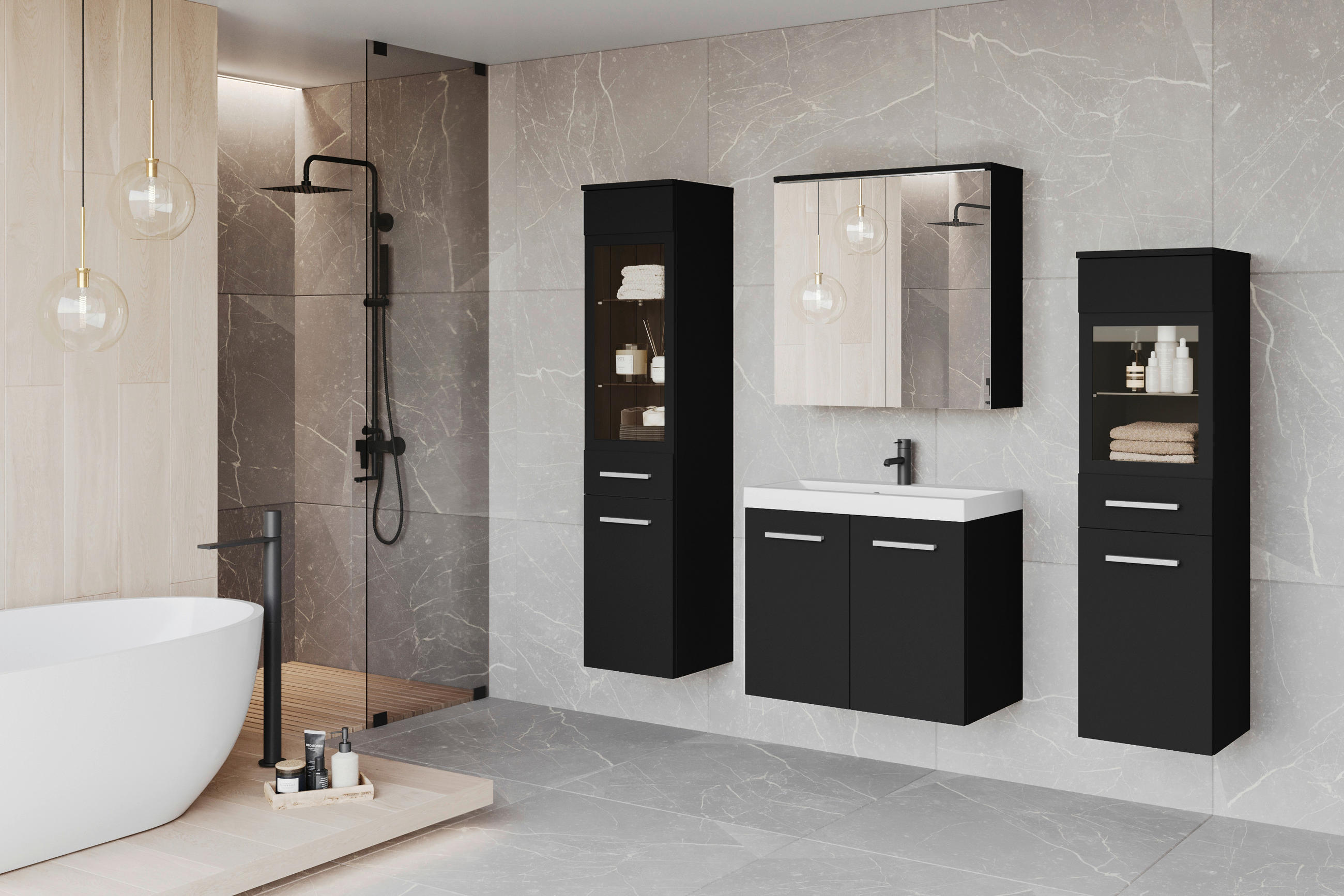 BADEZIMMER 5-teilig  in 120 cm  - Silberfarben/Schwarz, LIFESTYLE, Glas/Keramik (120cm) - P & B