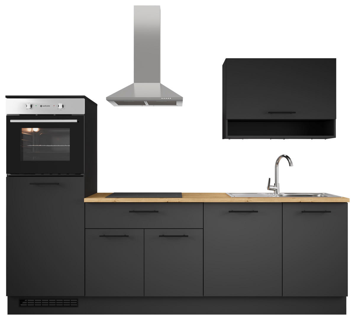KÜCHENBLOCK 260 cm   in Schwarz, Eiche Artisan  - Schwarz/Eiche Artisan, Design, Holzwerkstoff/Metall (260cm) - MID.YOU