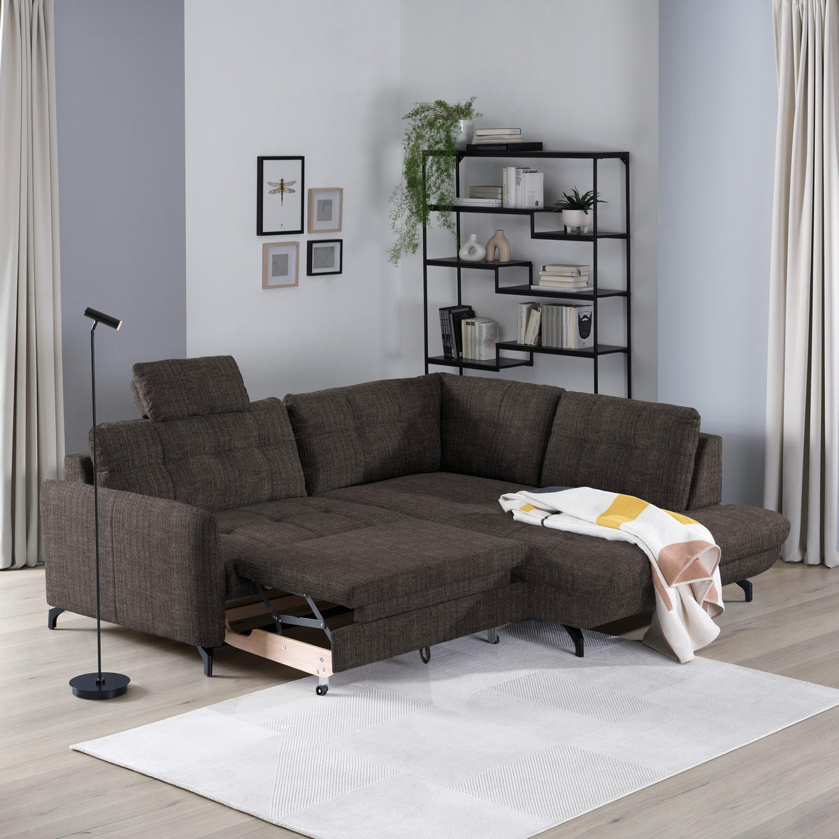 ECKSOFA in Flachgewebe, Leinenoptik Braun  - Schwarz/Braun, Modern, Textil/Metall (247/208cm) - Xora