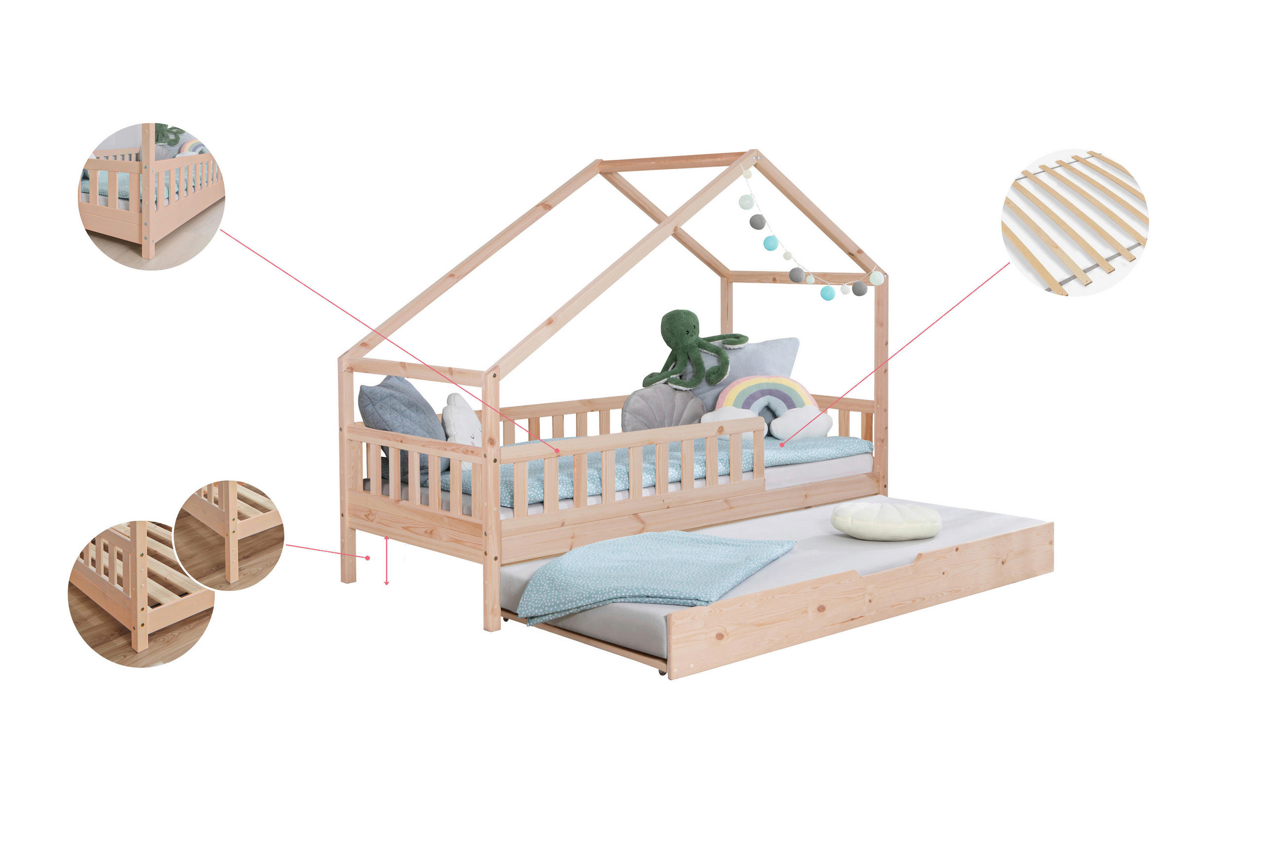 HAUSBETT Absturzsicherung, Matratze, Rollrost, Bettkasten 90/200 cm  in Naturfarben  - Weiß/Naturfarben, MODERN, Holz/Textil (90/200cm) - MID.YOU