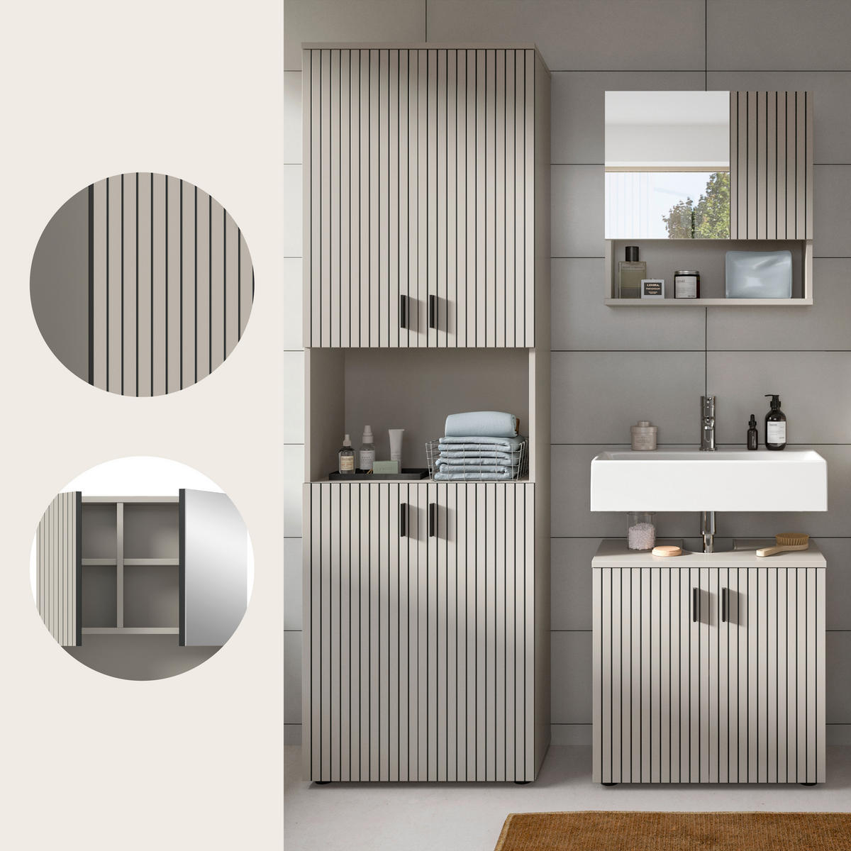 BADEZIMMER 3-teilig  in 120 cm  - Kaschmir/Schwarz, Trend, Glas/Holzwerkstoff (120cm) - MID.YOU