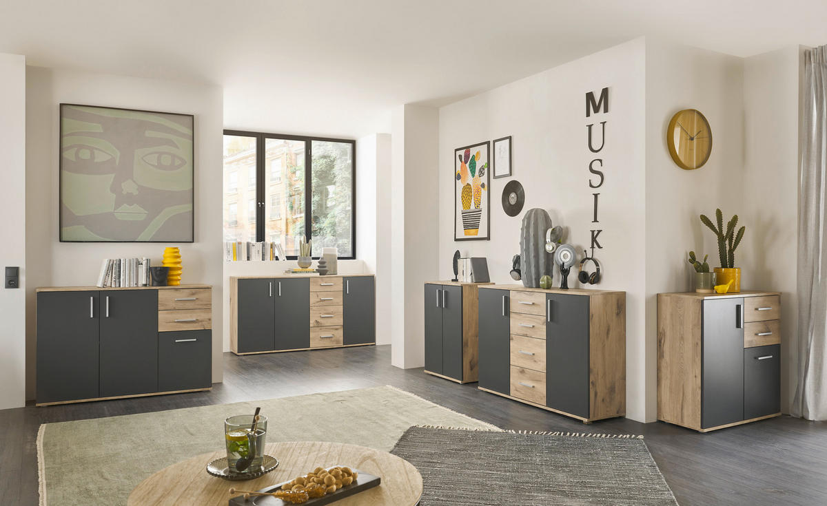 Sideboard Basel 160/84/35 cm  in Grau, Eichefarben  - Eichefarben/Silberfarben, Design, Holzwerkstoff/Kunststoff (160/84/35cm) - MID.YOU