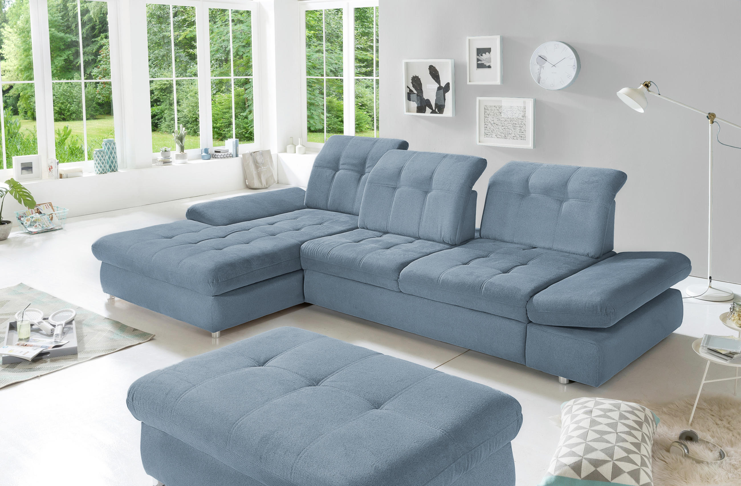 ECKSOFA Blau Mikrofaser - Blau/Chromfarben, KONVENTIONELL, Kunststoff/Textil (186/314cm) - Livetastic