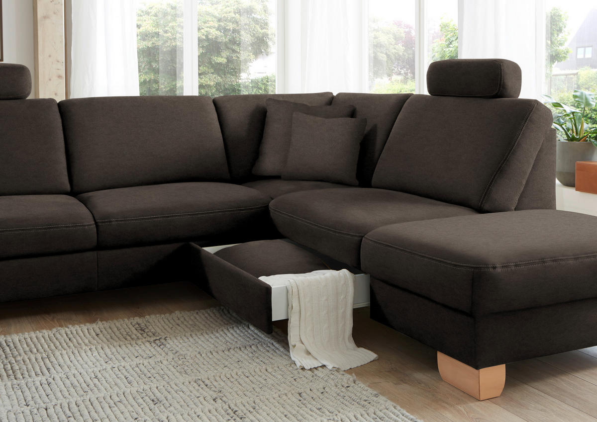 ECKSOFA in Mikrofaser Mokka  - Wildeiche/Beige, Natur, Holz/Textil (286/236cm) - Voleo