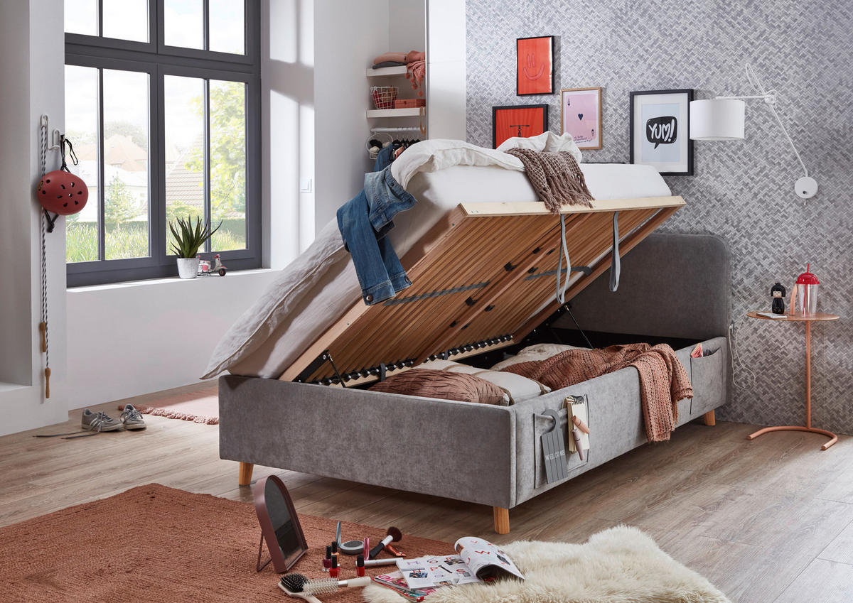 POLSTERBETT 120/200 cm,  in Grau, Eichefarben, Lattenrost, Bettkasten, Betttasche,  - Eichefarben/Birkefarben, KONVENTIONELL, Holz/Textil (120/200cm) - Boxxx