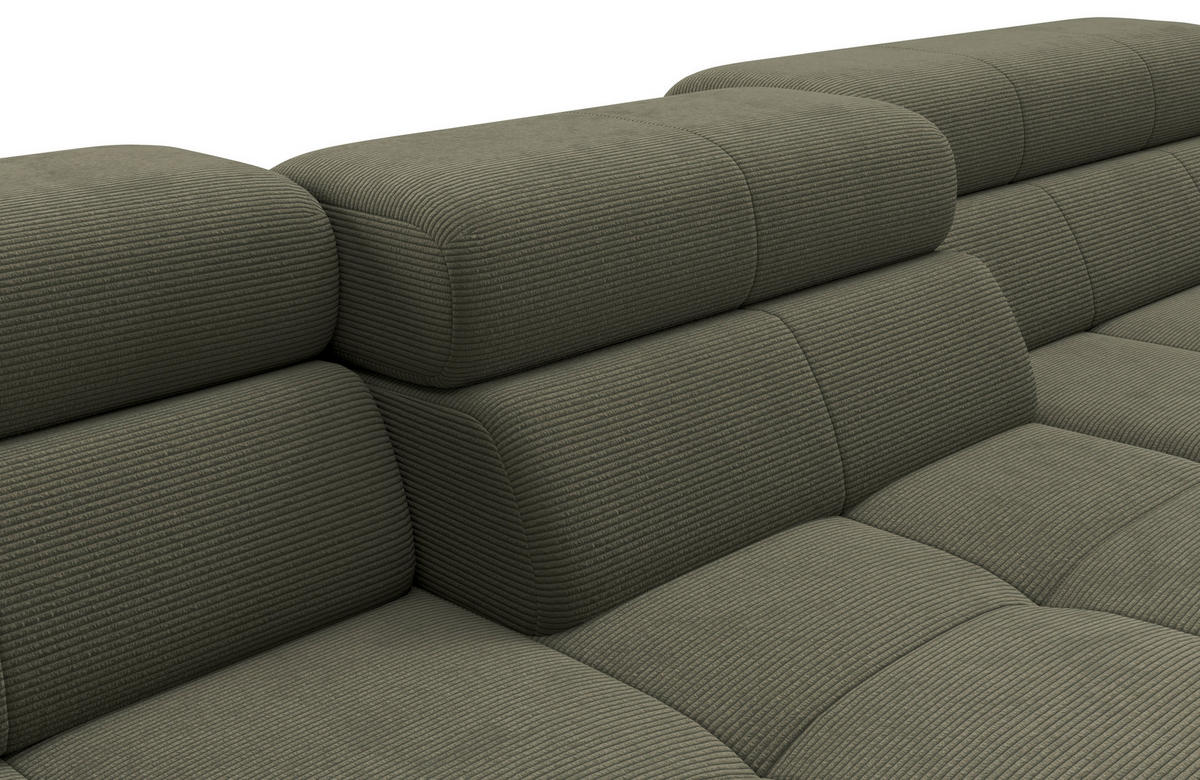 ECKSOFA Olivgrün Feincord Rücken echt, Kopfteilverstellung, Sitztiefenverstellung  - Schwarz/Olivgrün, KONVENTIONELL, Textil/Metall (293/226cm) - Hom`in
