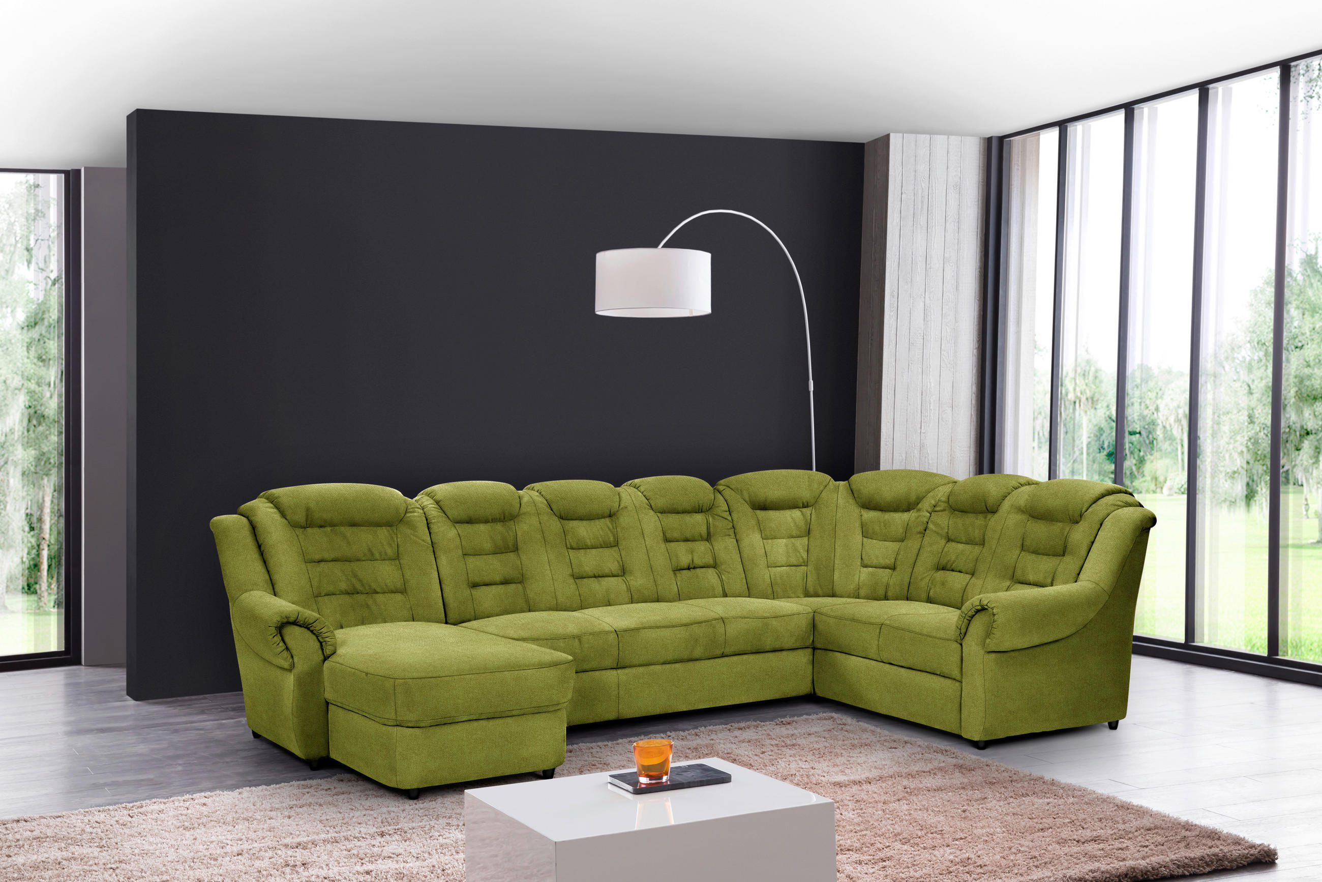 WOHNLANDSCHAFT Grün Chenille - Schwarz/Grün, KONVENTIONELL, Kunststoff/Textil (165/333/216cm) - Livetastic