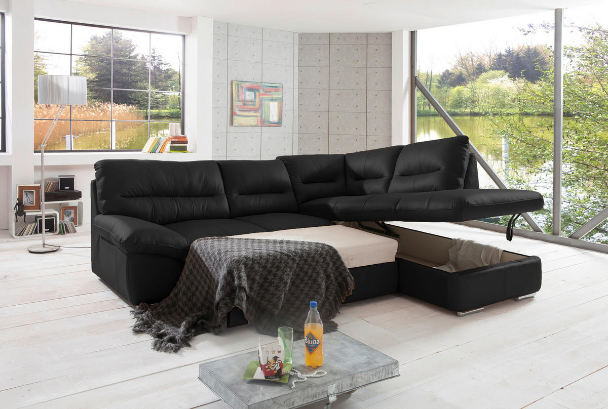 ECKSOFA in Echtleder Schwarz  - Chromfarben/Schwarz, Design, Leder/Metall (268/216cm) - Livetastic