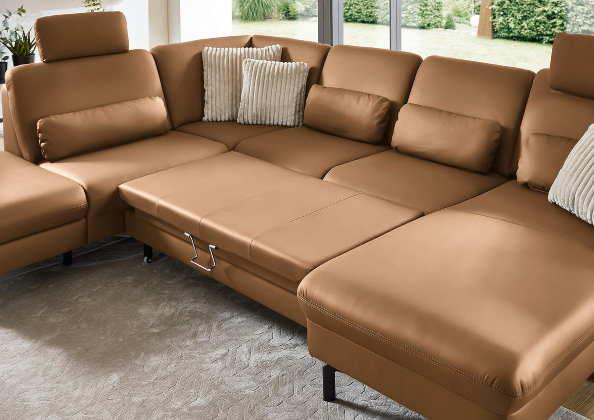 WOHNLANDSCHAFT Echtleder Hellbraun  - Hellbraun/Schwarz, Konventionell, Leder/Metall (224/306/168cm) - Beldomo Premium