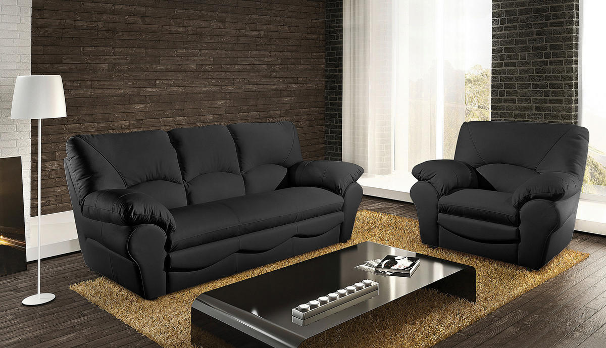 3-SITZER-SOFA Echtleder Schwarz  - Schwarz, Design, Leder/Kunststoff (205/92/85cm) - Livetastic