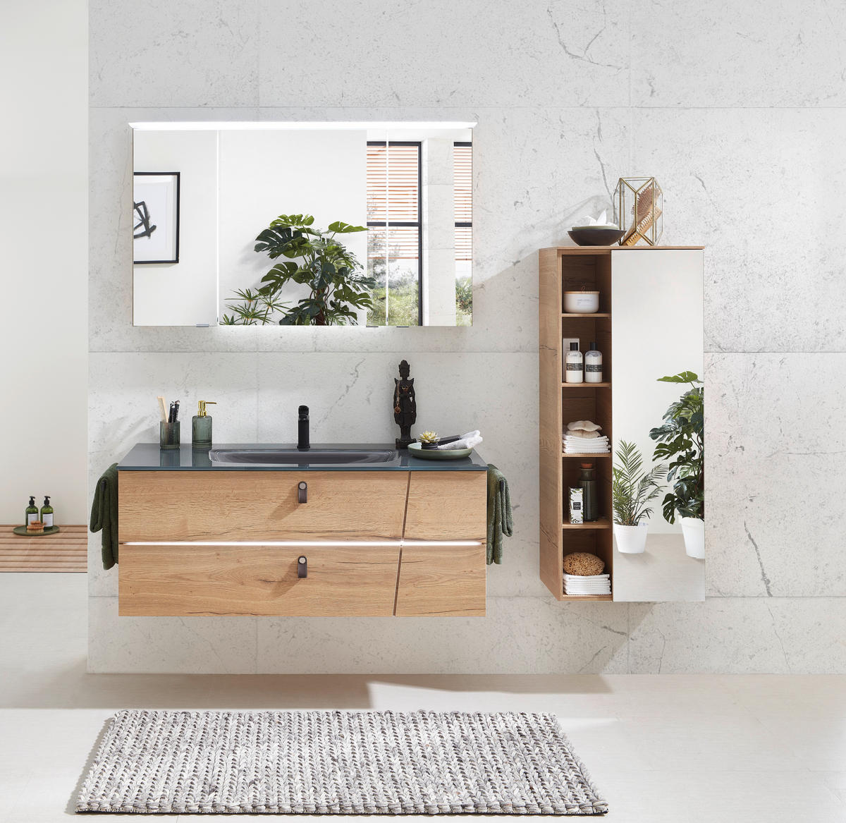 WASCHTISCHKOMBI 122 cm  - Eichefarben/Braun, KONVENTIONELL, Leder/Glas (122cm) - Sadena
