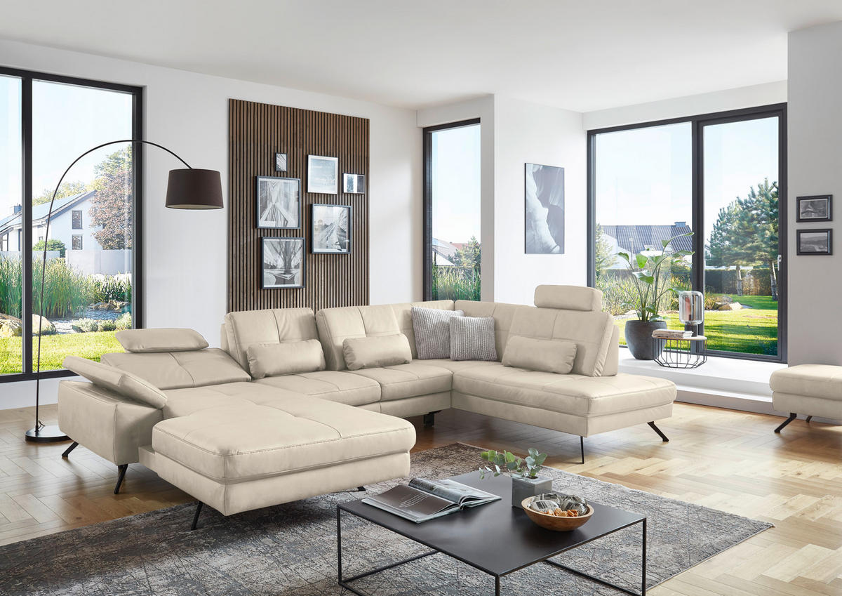 WOHNLANDSCHAFT in Lederlook, Mikrofaser Creme, Naturfarben  - Creme/Schwarz, Design, Textil/Metall (345/220cm) - Beldomo System
