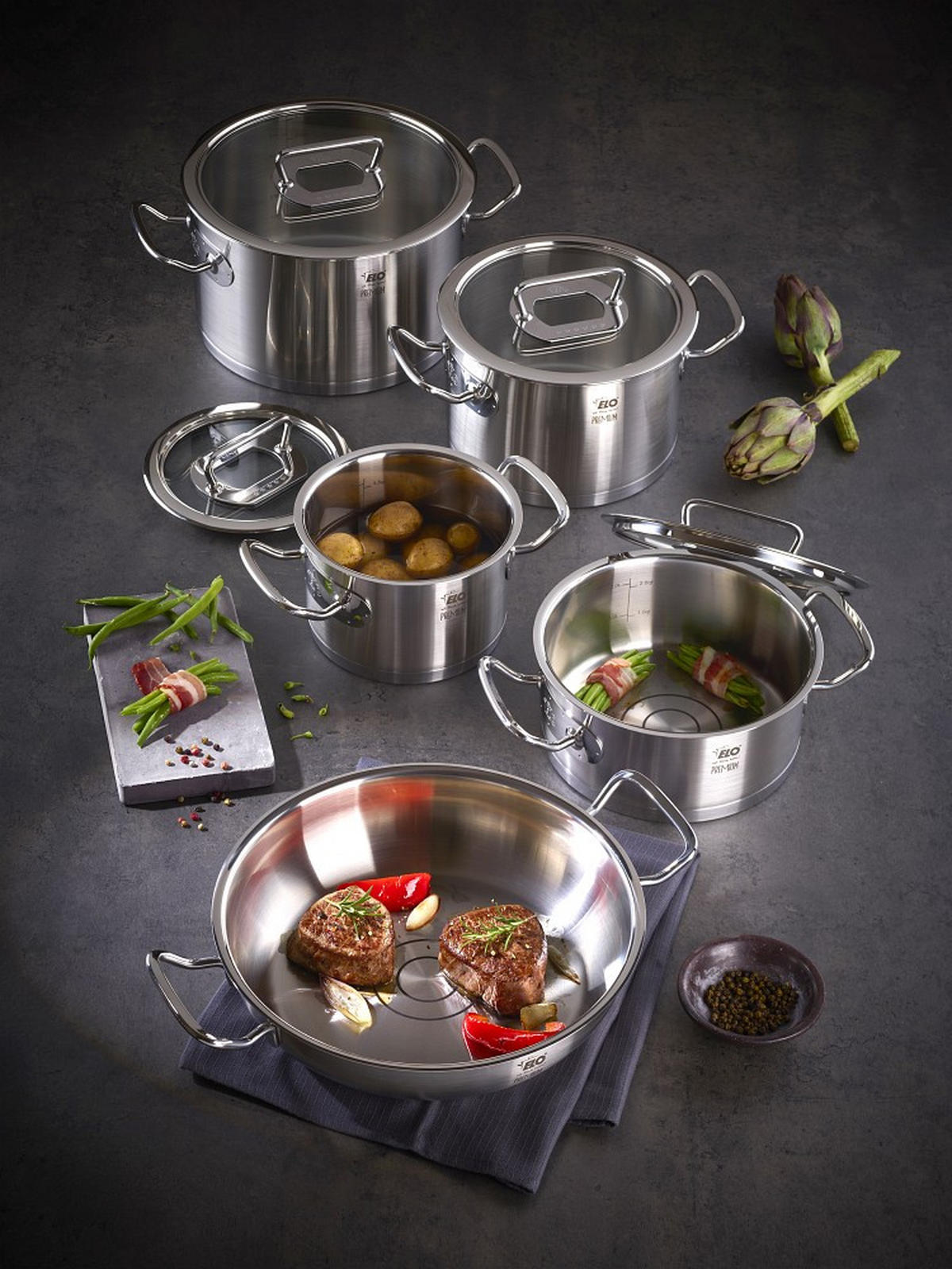 KOCHTOPFSET ELO Gourmet Plus 6-teilig  - Edelstahlfarben/Transparent, Design, Glas/Metall - ELO