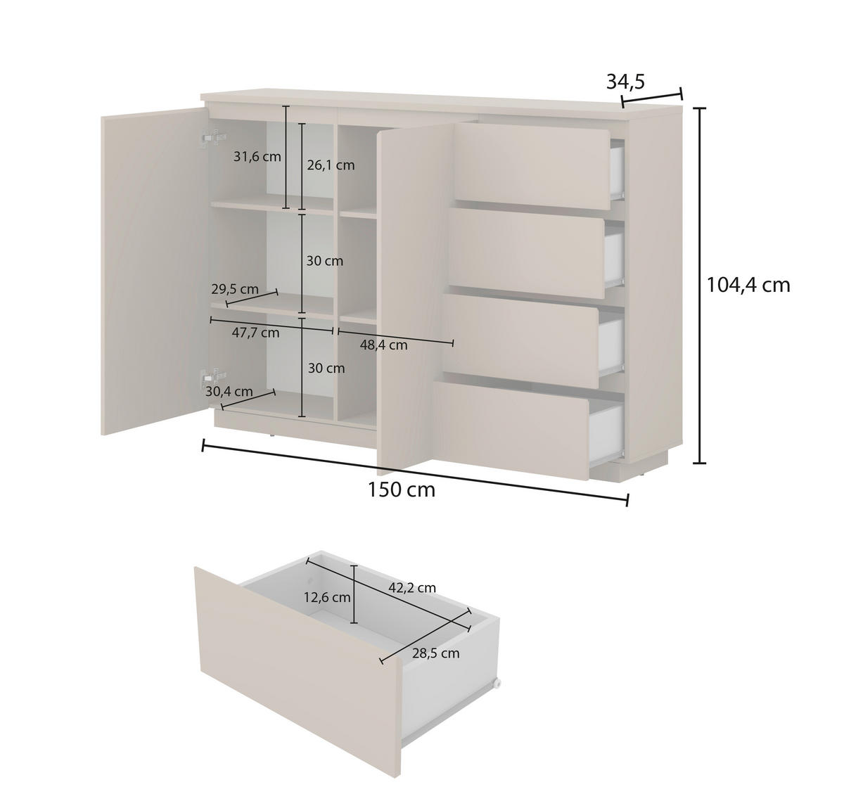 HIGHBOARD Bilbao  in 150/104,5/34,5 cm  - Taupe, Design, Holzwerkstoff (150/104,5/34,5cm) - MID.YOU