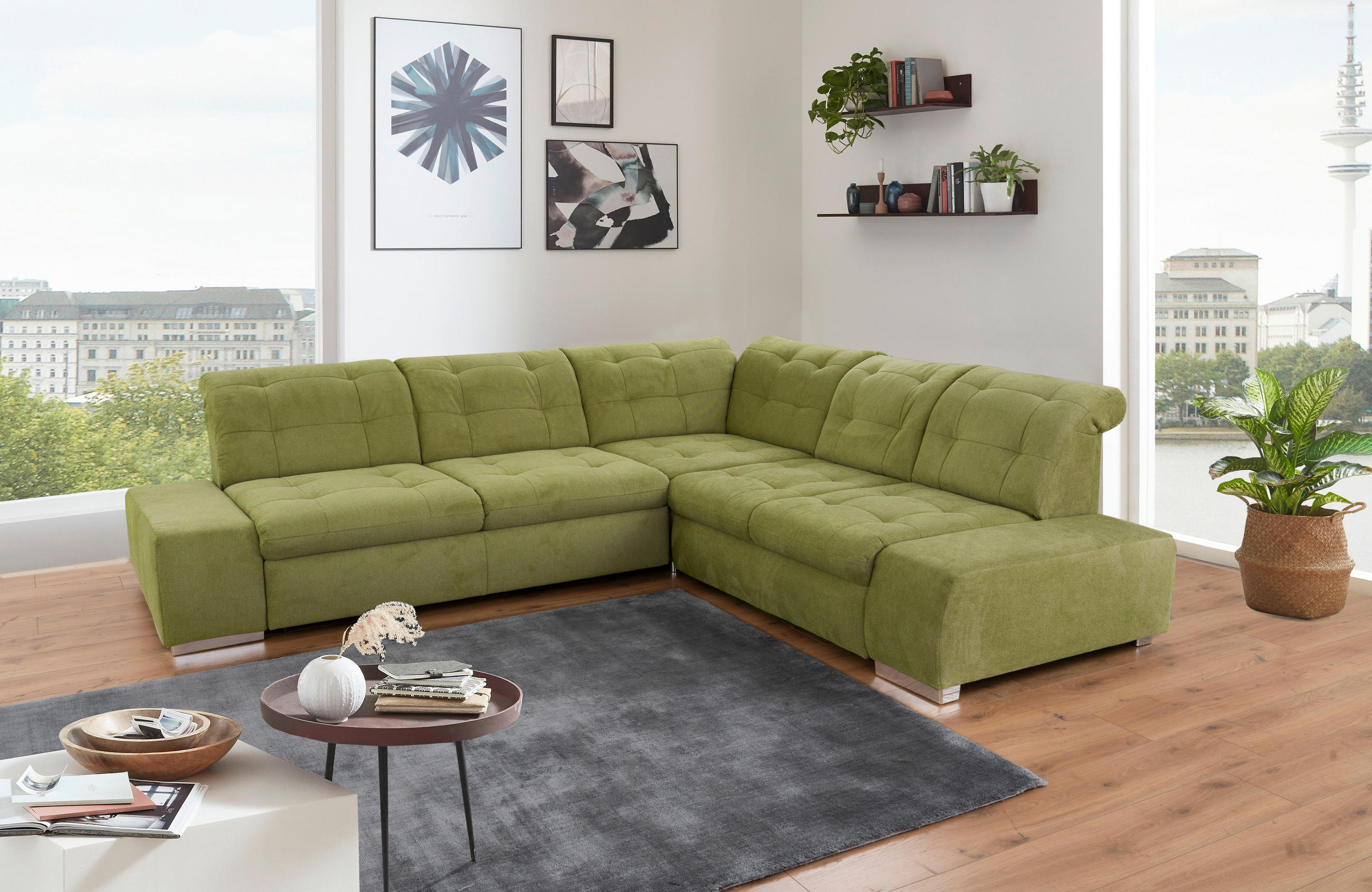 ECKSOFA in Flachgewebe Grün  - Chromfarben/Grün, Modern, Kunststoff/Textil (283/254cm) - Sit & More