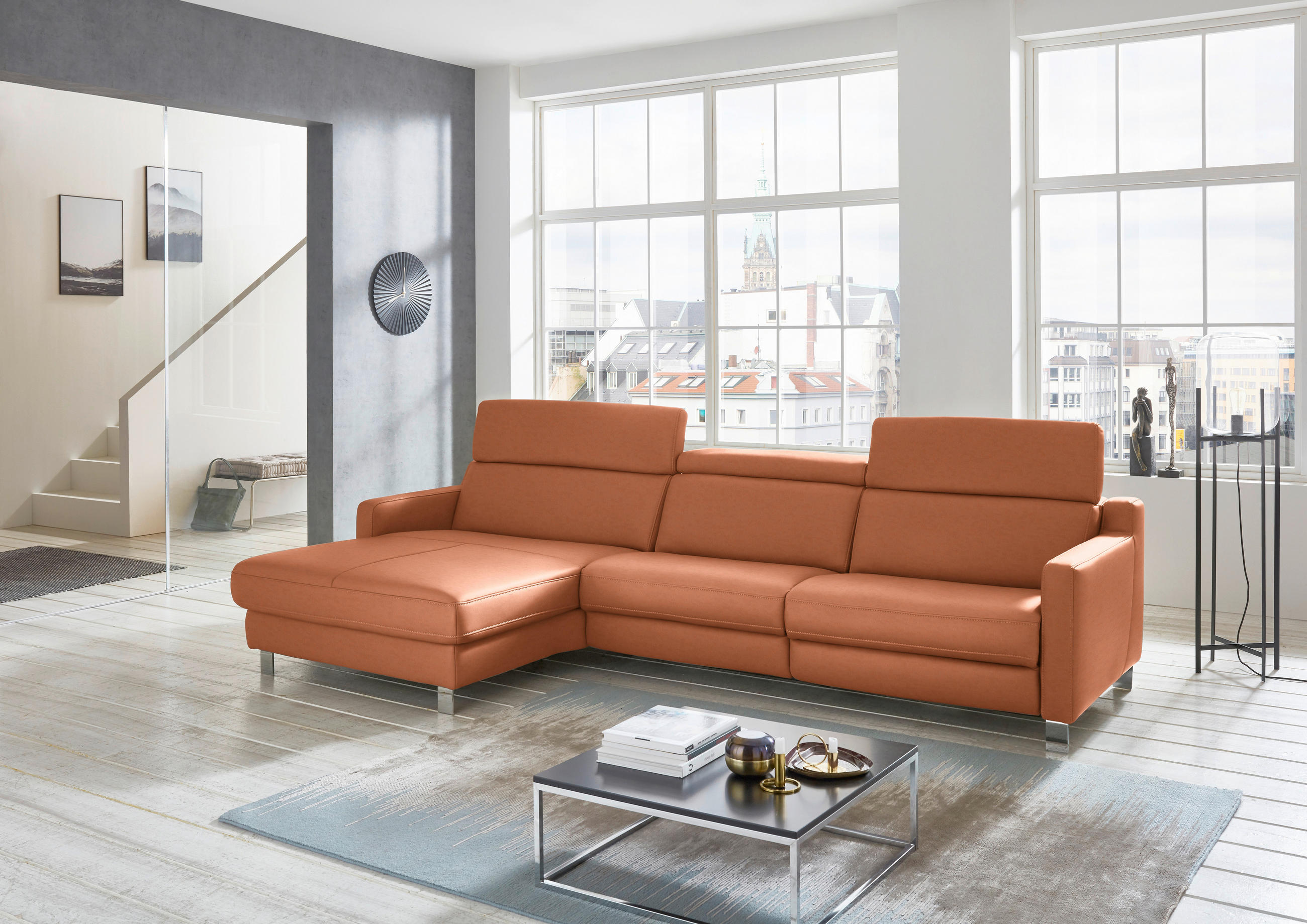 ECKSOFA in Echtleder Cognac  - Chromfarben/Cognac, Design, Leder/Metall (176/291cm) - Valdera