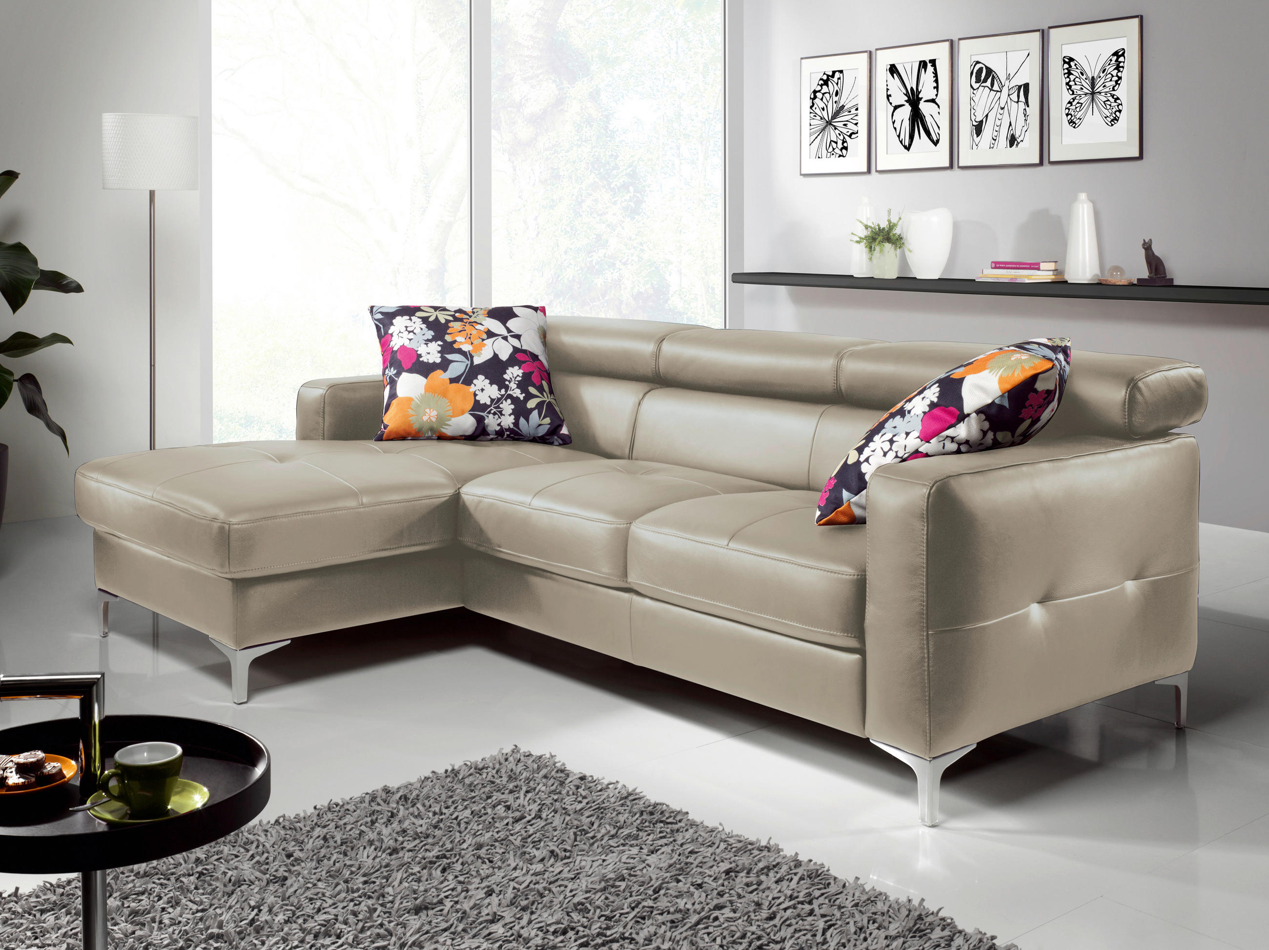 ECKSOFA Grau Echtleder  - Chromfarben/Grau, Design, Leder/Metall (169/226cm) - Livetastic