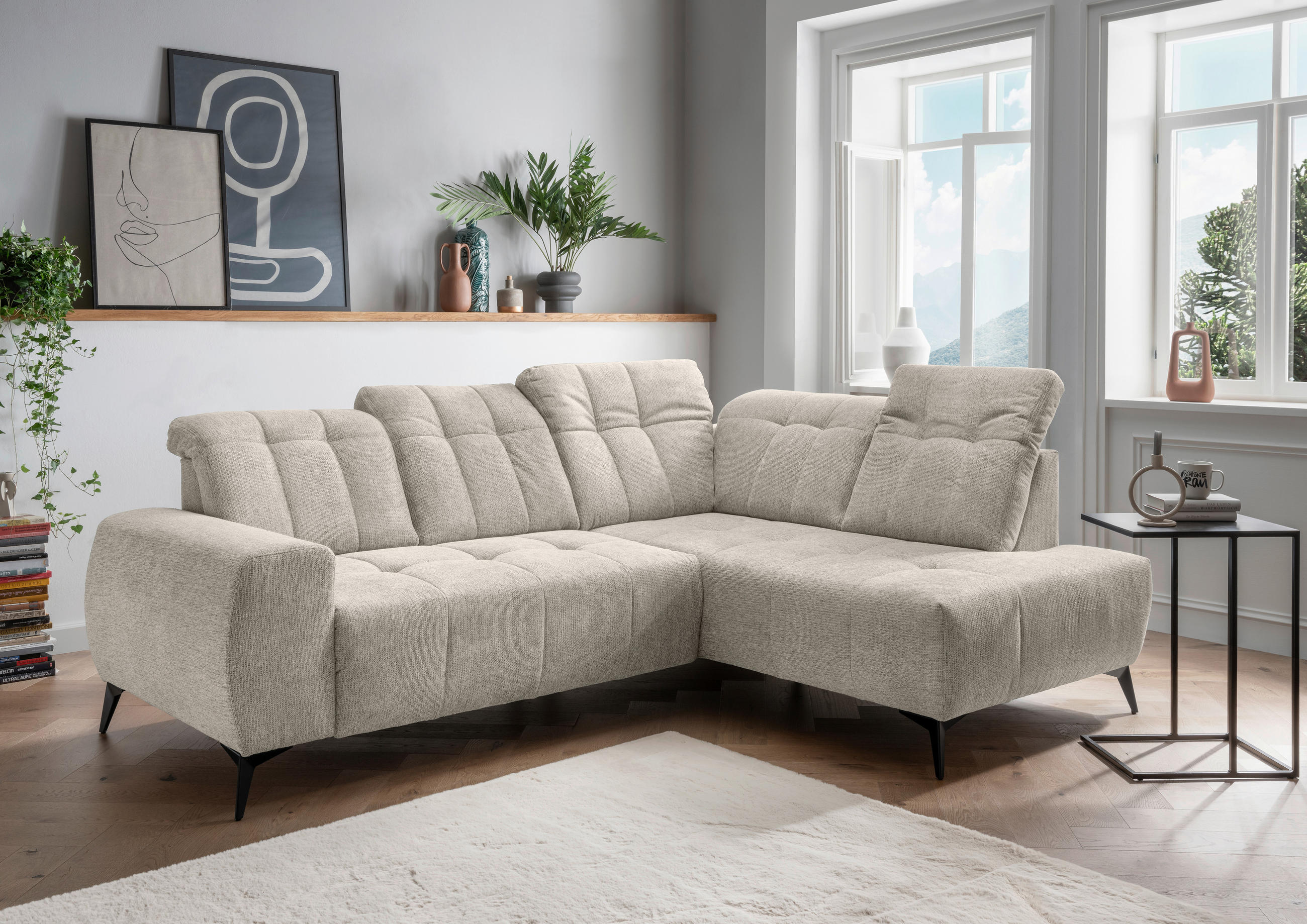 ECKSOFA in Chenille Beige  261/200 cm  - Beige/Schwarz, MODERN, Textil/Metall (261/200cm) - Livetastic