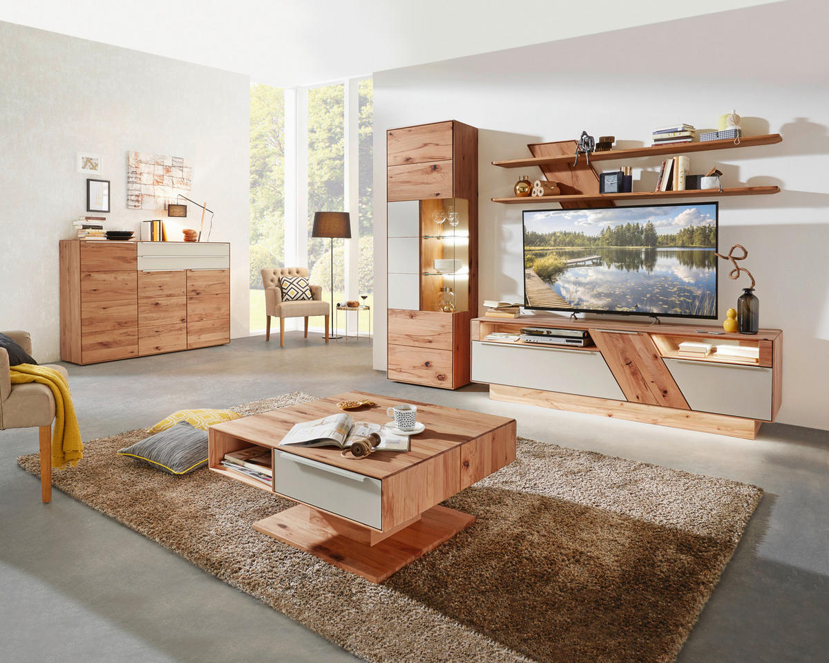 WOHNWAND Sonia  in Weiß, Buchefarben  274/206/54 cm  - Edelstahlfarben/Buchefarben, Design, Glas/Holz (274/206/54cm) - Valnatura