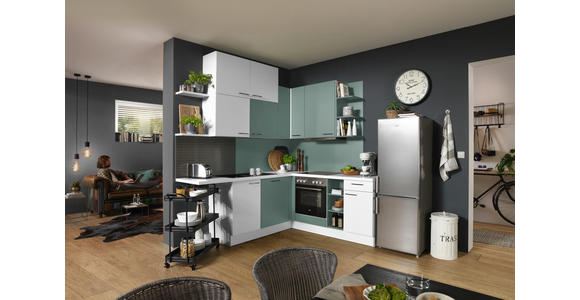 ECKKÜCHE 225/200 cm  in Weiß, Hellblau, Hellgrün  - Edelstahlfarben/Pastellblau, Design, Holzwerkstoff/Metall (225/200cm) - Xora