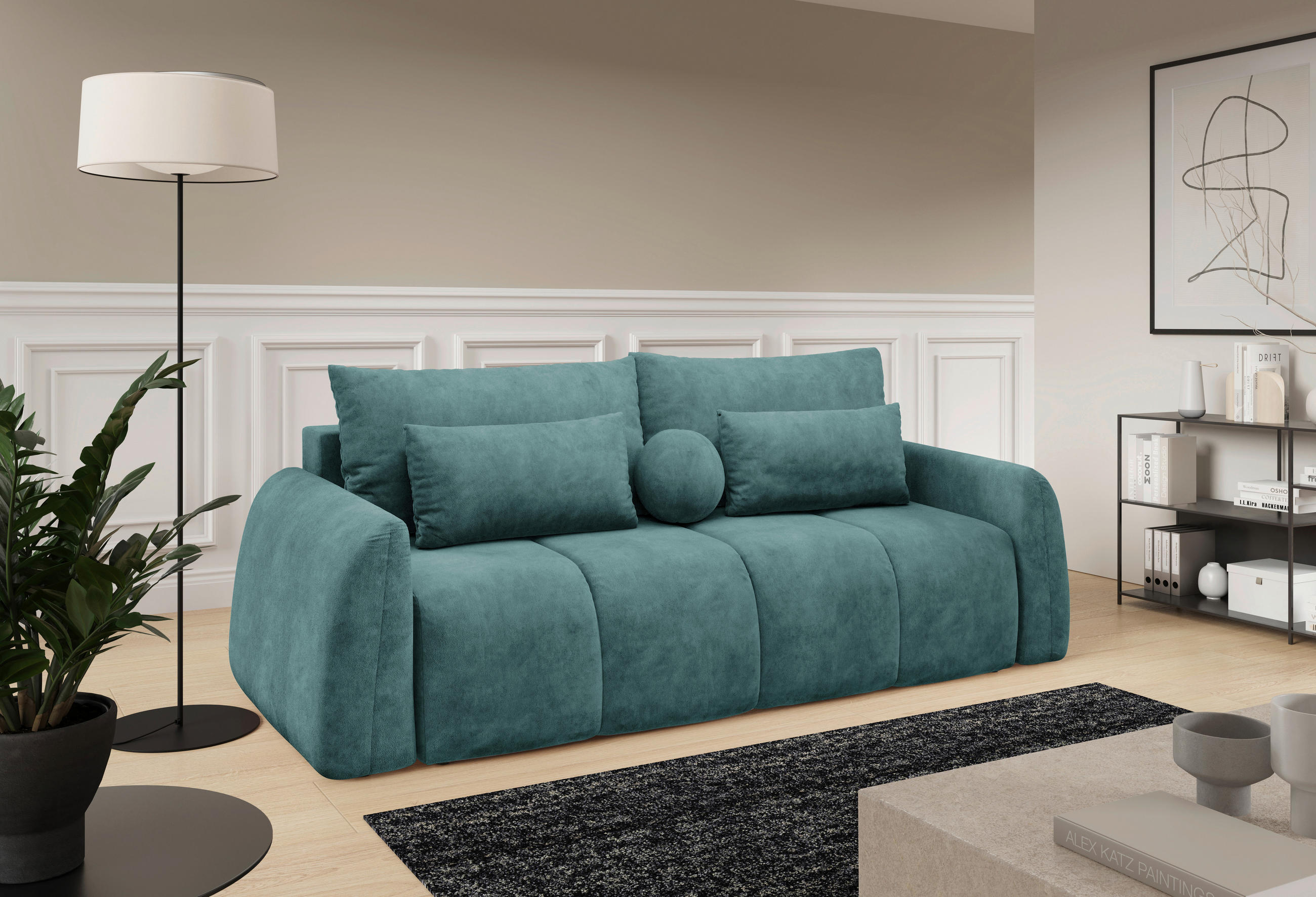 SCHLAFSOFA GERONIMO in Velours Petrol  - Petrol/Schwarz, Design, Kunststoff/Textil (252/93/167cm) - Livetastic