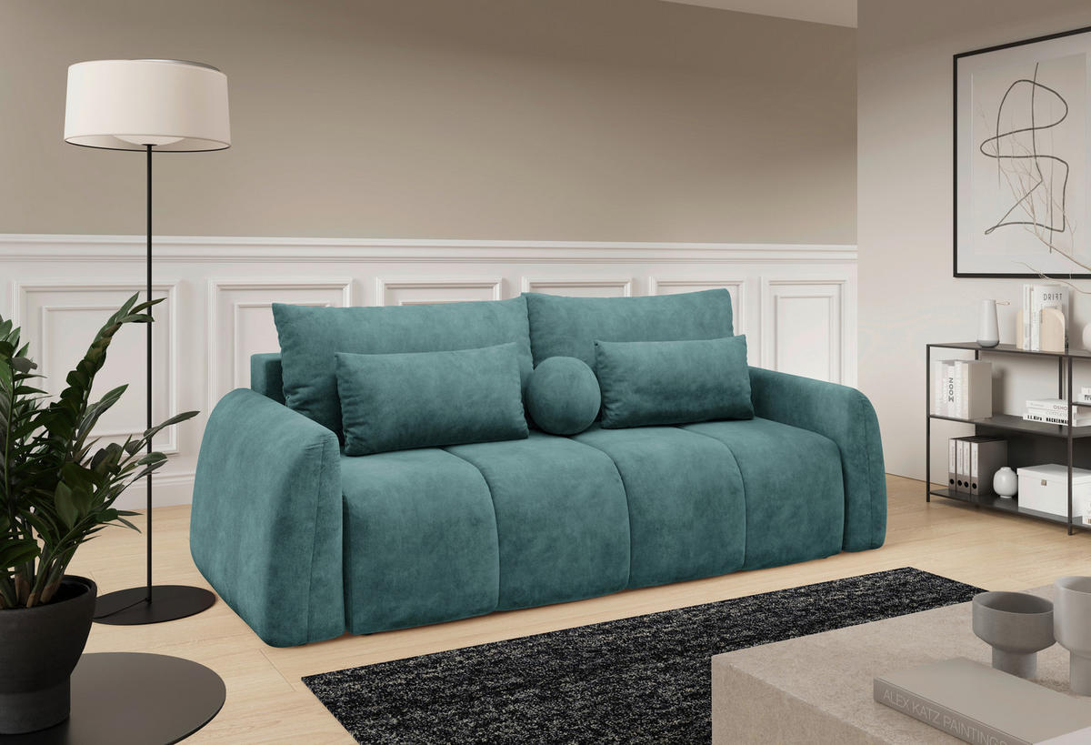 SCHLAFSOFA GERONIMO in Velours Petrol  - Petrol/Schwarz, Design, Kunststoff/Textil (252/93/167cm) - Livetastic