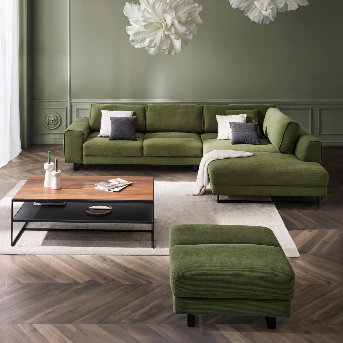 ECKSOFA Cord Olivgrün  - Schwarz/Olivgrün, Design, Textil/Metall (314/211cm) - Sedda