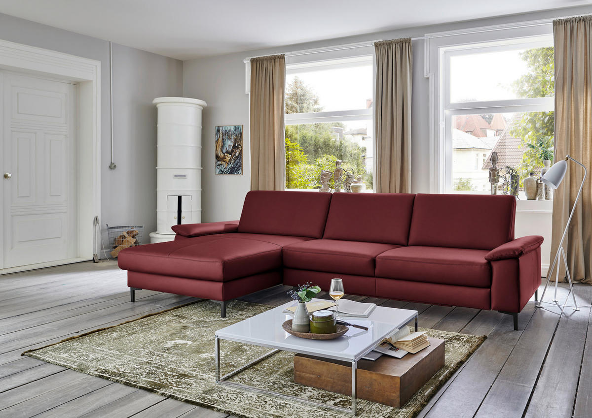 ECKSOFA in Echtleder Rot  - Rot/Schwarz, Design, Leder/Metall (176/334cm) - Dieter Knoll