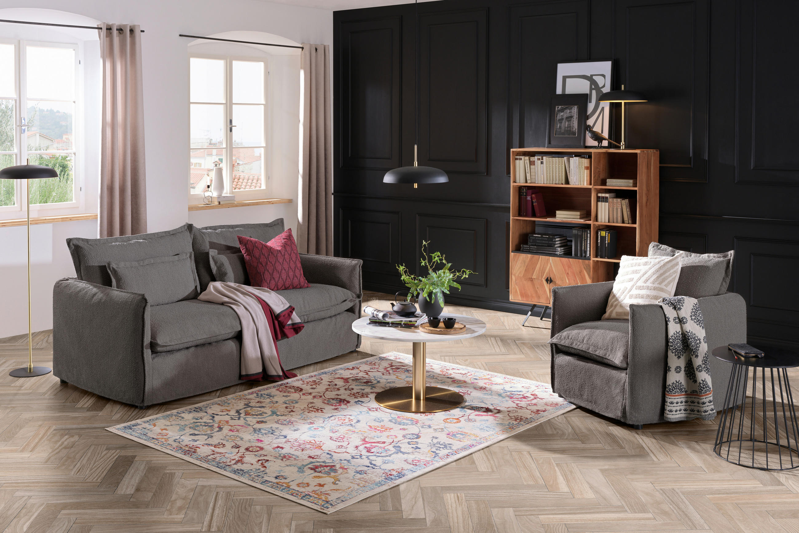 HUSSEN-SOFA in Flachgewebe, Bouclé Grau - Grau, Trend, Textil/Metall (195/82/98cm) - Livetastic