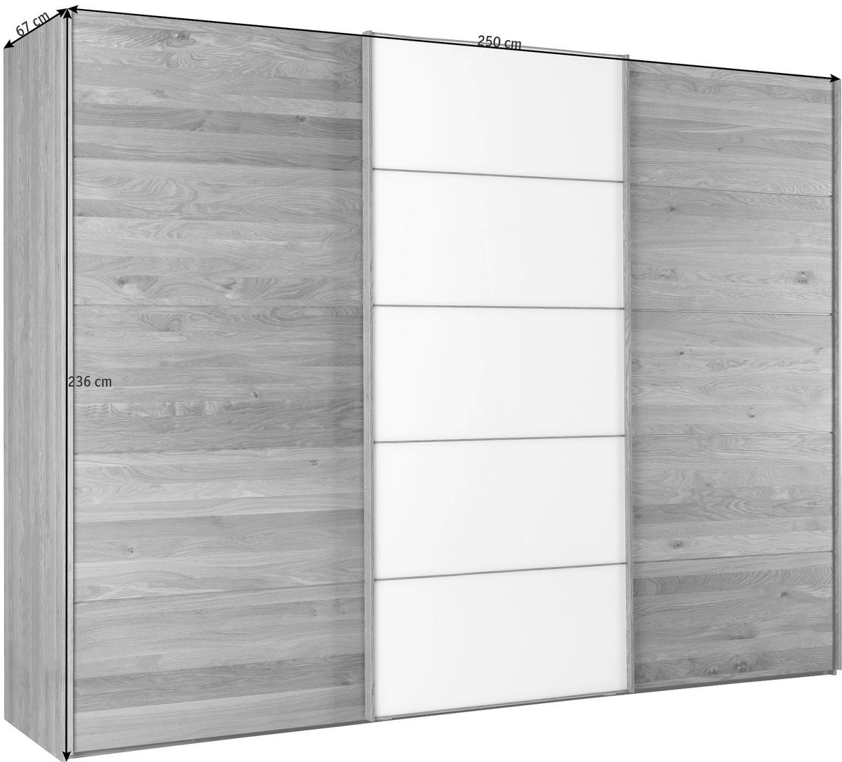 SCHWEBETÜRENSCHRANK 250/236/67 cm 3-türig Weiß, Eichefarben  - Eichefarben/Weiß, Design, Glas/Holz (250/236/67cm) - Linea Natura