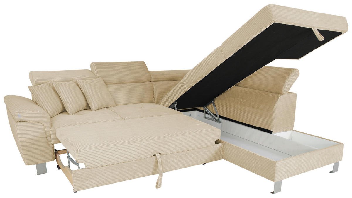 ECKSOFA in Cord Creme  - Silberfarben/Creme, Design, Textil/Metall (257/226cm) - Xora