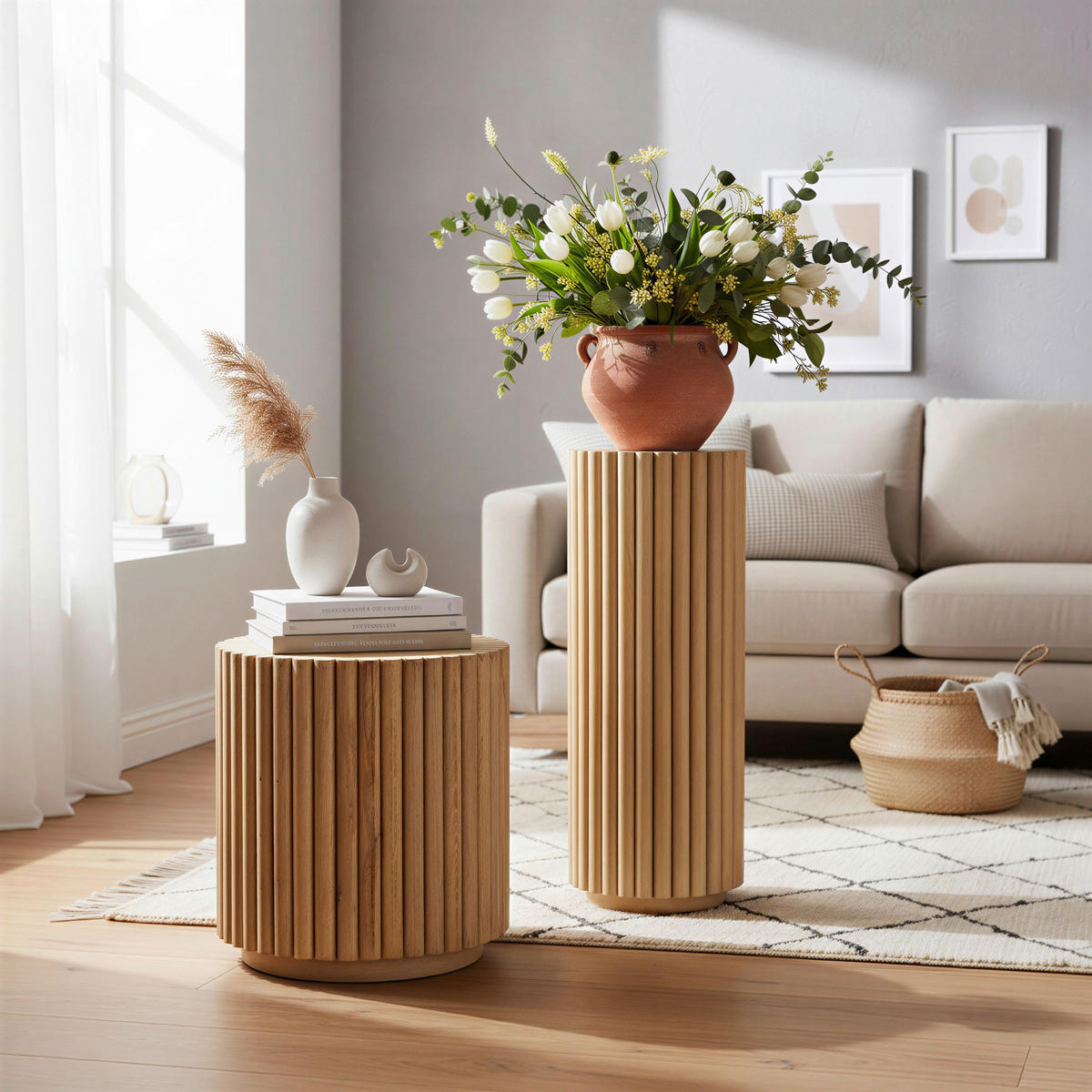 BLUMENSÄULE Holz Mangoholz massiv  - Naturfarben, Design, Holz (25/25/66cm) - MID.YOU