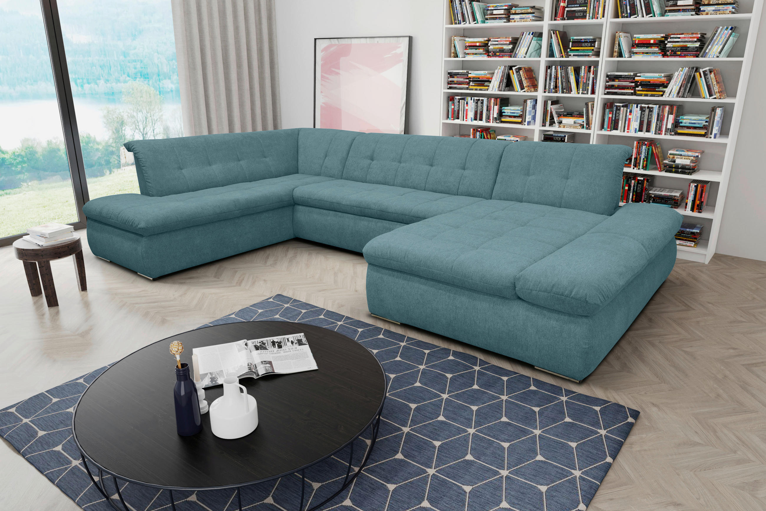 WOHNLANDSCHAFT Petrol Mikrofaser - Chromfarben/Petrol, KONVENTIONELL, Textil/Metall (216/353/172cm) - MID.YOU