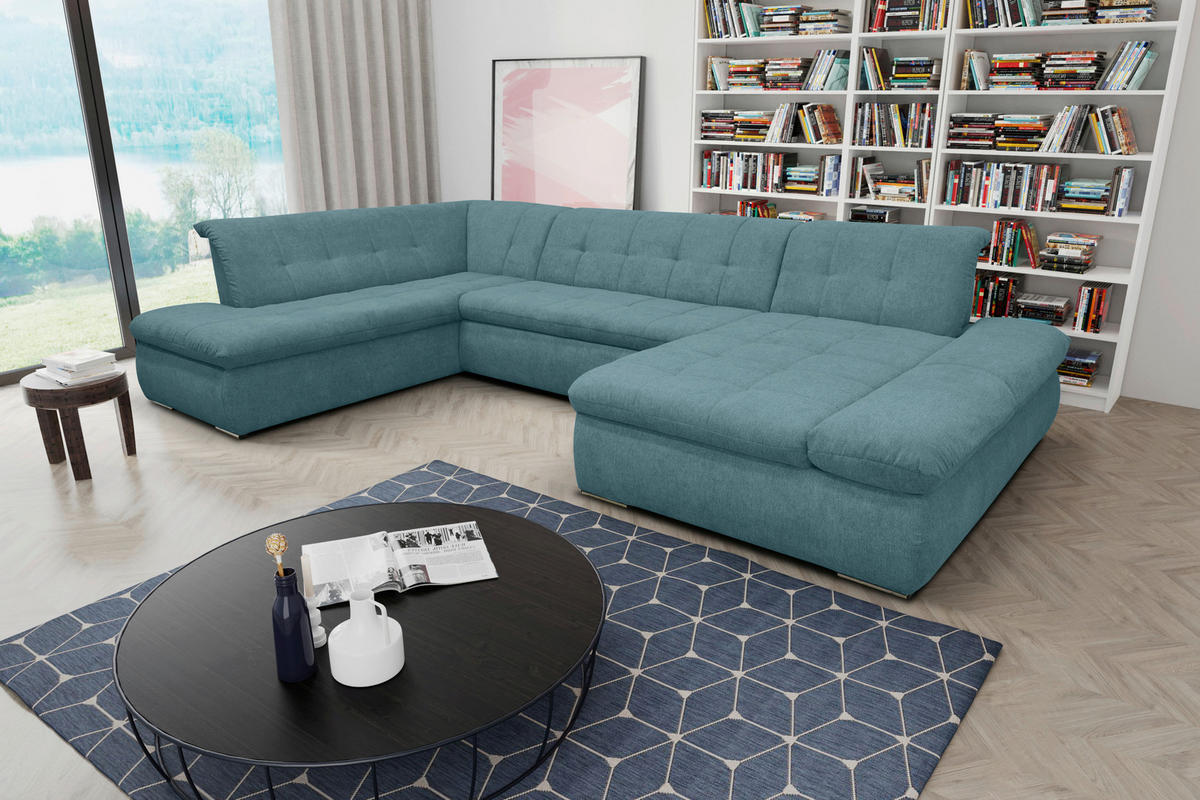 WOHNLANDSCHAFT Petrol Mikrofaser  - Chromfarben/Petrol, KONVENTIONELL, Textil/Metall (216/353/172cm) - MID.YOU