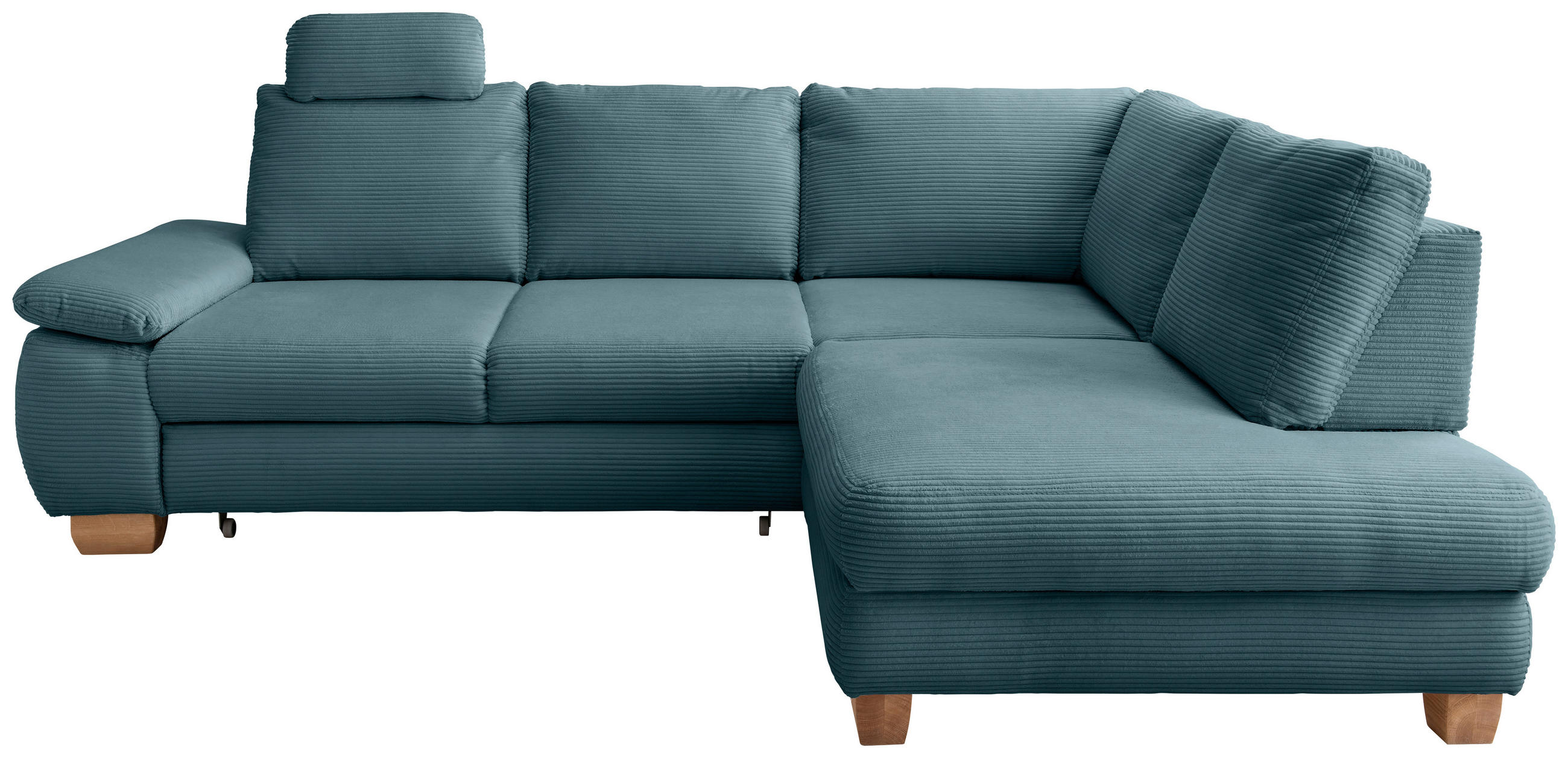 ECKSCHLAFSOFA Cord Petrol  inkl. Bettkasten, Schlaffunktion, Armteilverstellung, Sitztiefenverstellung, Liegefläche im Originalstoff, Kopfstütze  - Wildeiche/Petrol, MODERN, Holz/Textil (261/206cm) - Livetastic