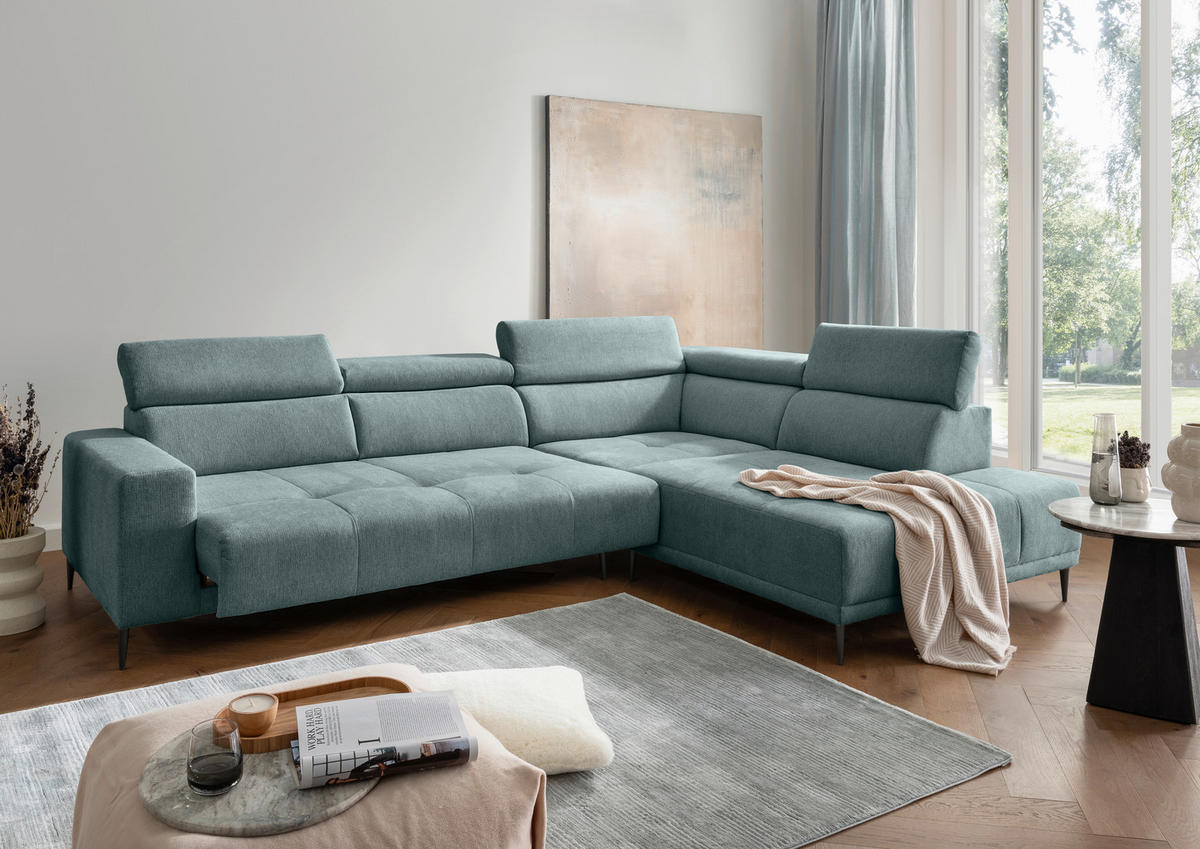 ECKSOFA INTERA Mintgrün Chenille Kopfteilverstellung, Sitzvorzug  - Schwarz/Mintgrün, KONVENTIONELL, Textil/Metall (305/225cm) - Livetastic