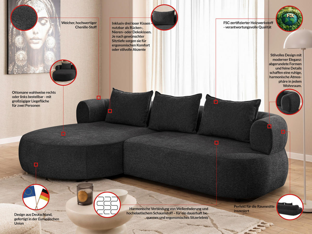 ECKSOFA in Chenille Schwarz  156/256 cm  - Schwarz, Design, Kunststoff/Textil (156/256cm) - Livetastic