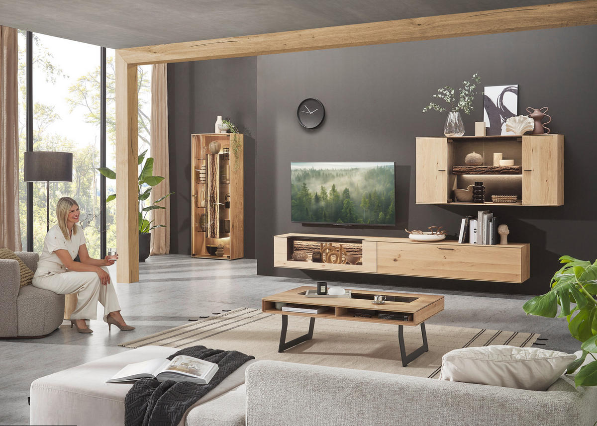 WOHNWAND  in Anthrazit, Eichefarben  336/195/44 cm  - Eichefarben/Anthrazit, Design, Glas/Holz (336/195/44cm) - Valnatura