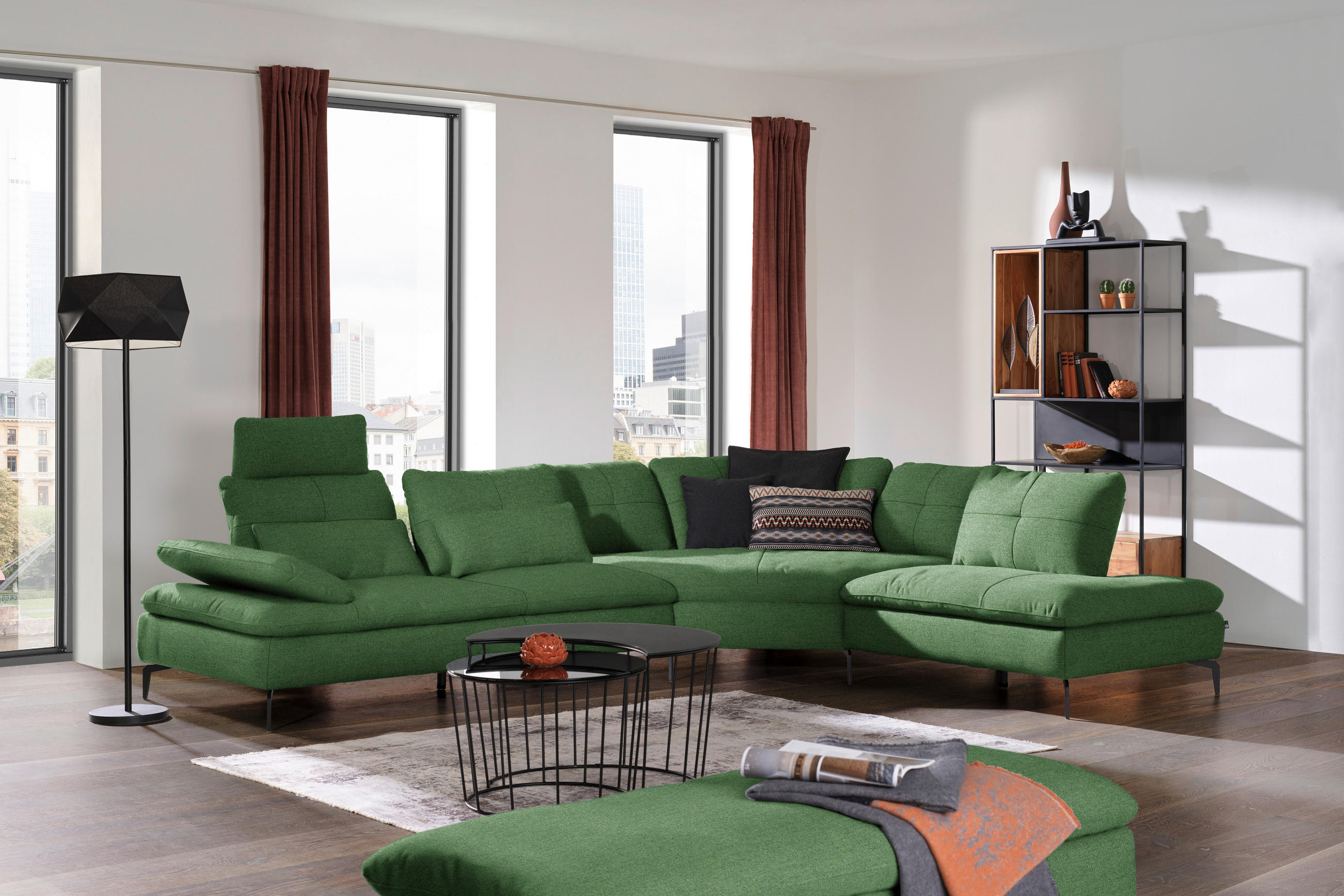 ECKSOFA in Flachgewebe Grün  - Schwarz/Grün, Design, Textil/Metall (344/271cm) - Chilliano