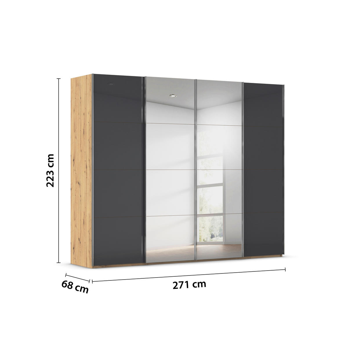 SCHWEBETÜRENSCHRANK 271/223/68 cm 4-türig Eiche Artisan, Grau  - Chromfarben/Eiche Artisan, Design, Glas/Holzwerkstoff (271/223/68cm) - Novel