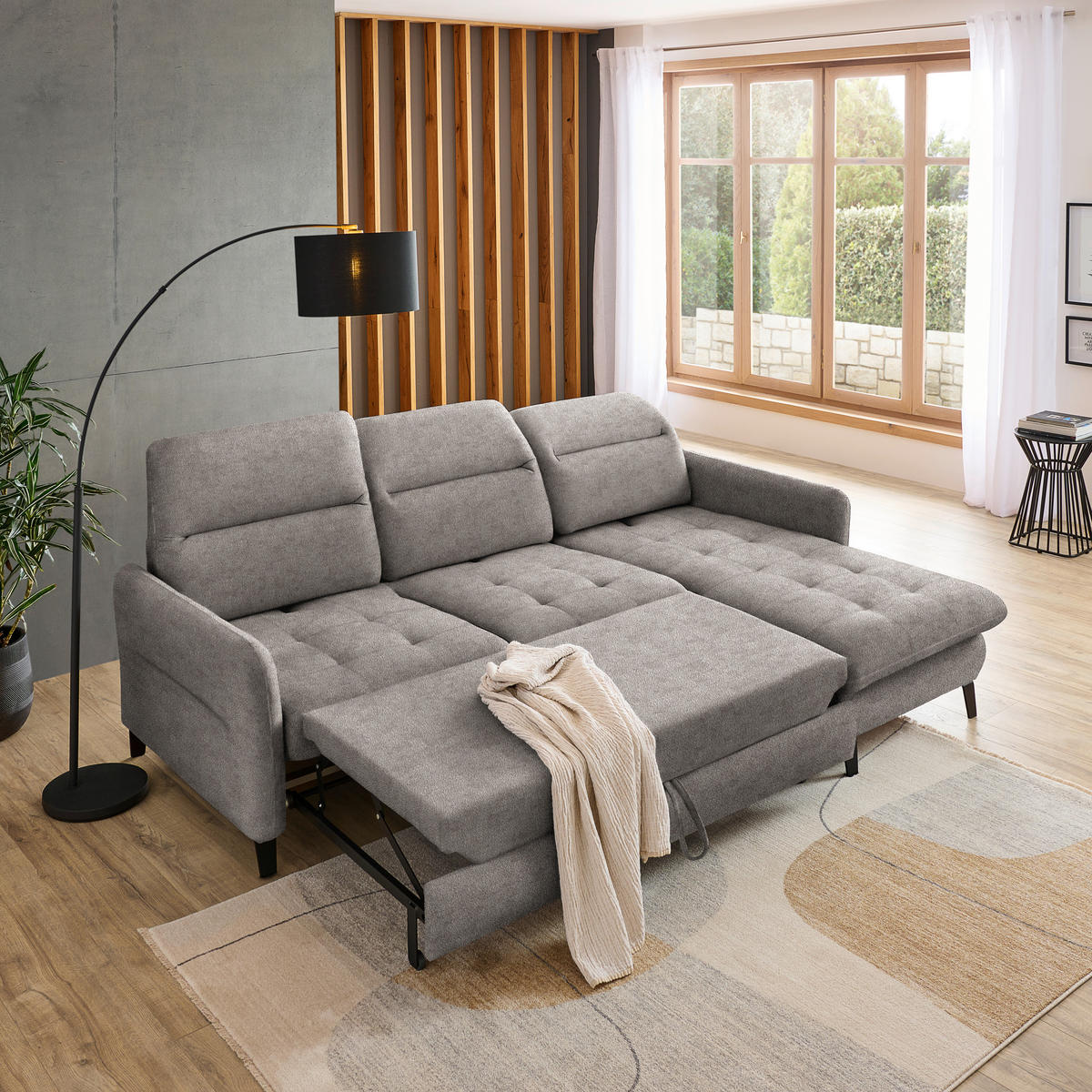 ECKSOFA Greige Flachgewebe  - Greige/Schwarz, KONVENTIONELL, Textil/Metall (254/190cm) - Livetastic