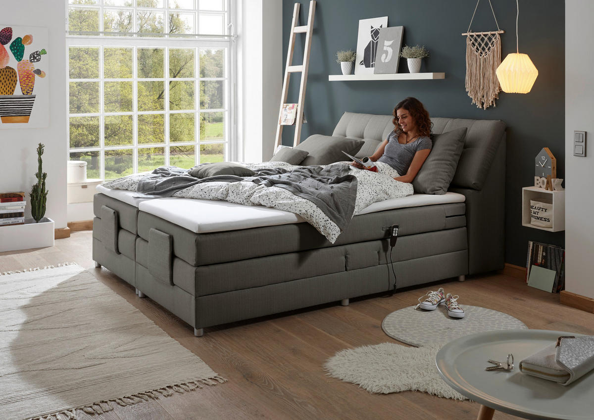 BOXSPRINGBETT 180/200 cm,  in Grau, Matratze, Bettkasten, Topper, motorische Verstellbarkeit, H2 = mittel  - Silberfarben/Grau, Design, Kunststoff/Textil (180/200cm) - Esposa