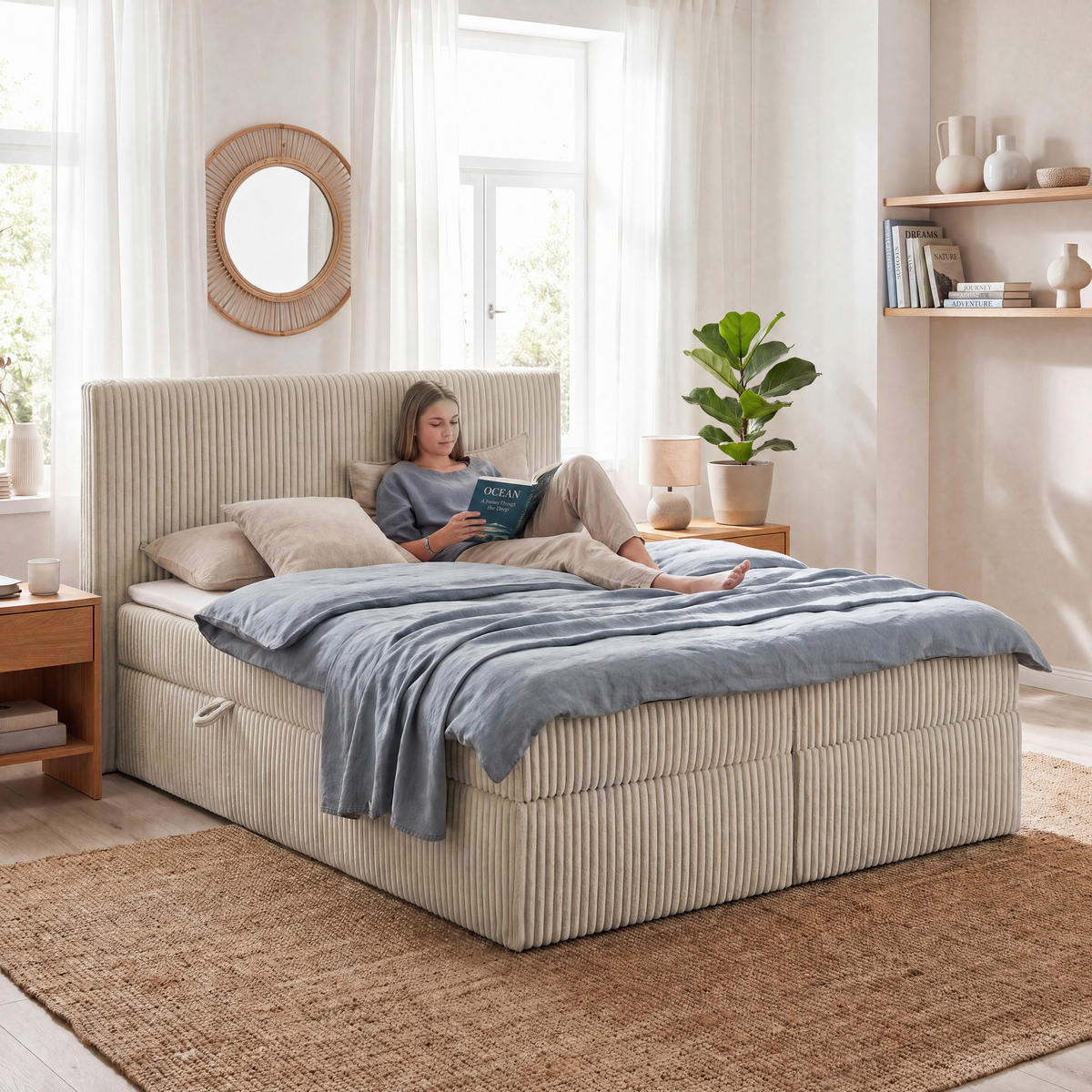 BOXBETT 180/200 cm,  in Grau, gepolstertes Kopfteil, Bettkasten, Topper, Matratzen, H3 + H3 = fest  - Schwarz/Grau, Basics, Kunststoff/Textil (180/200cm) - Chameo