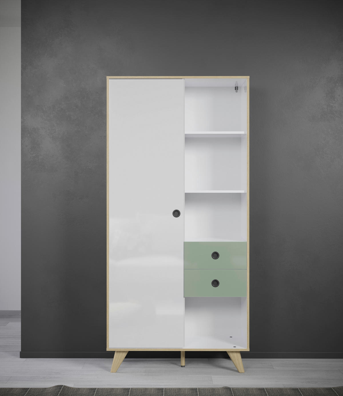 SCHRANK Grün, Eichefarben, Weiß Hochglanz  90/188/40 cm  - Eichefarben/Weiß Hochglanz, MODERN, Holzwerkstoff/Kunststoff (90/188/40cm) - Boxxx