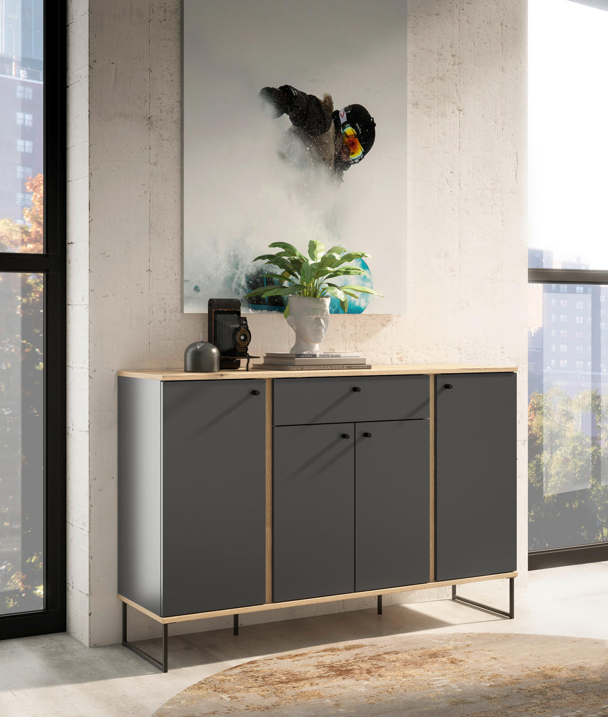 COMODĂ CU UșI 135/89/38 cm  - culoare lemn stejar/antracit, Basics, plastic/metal (135/89/38cm) - Xora