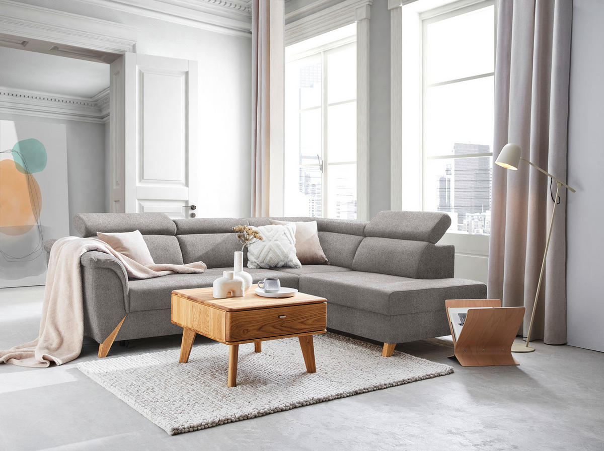 ECKSOFA Hellgrau Chenille  - Hellgrau/Naturfarben, KONVENTIONELL, Holz/Textil (265/200cm) - Stylife