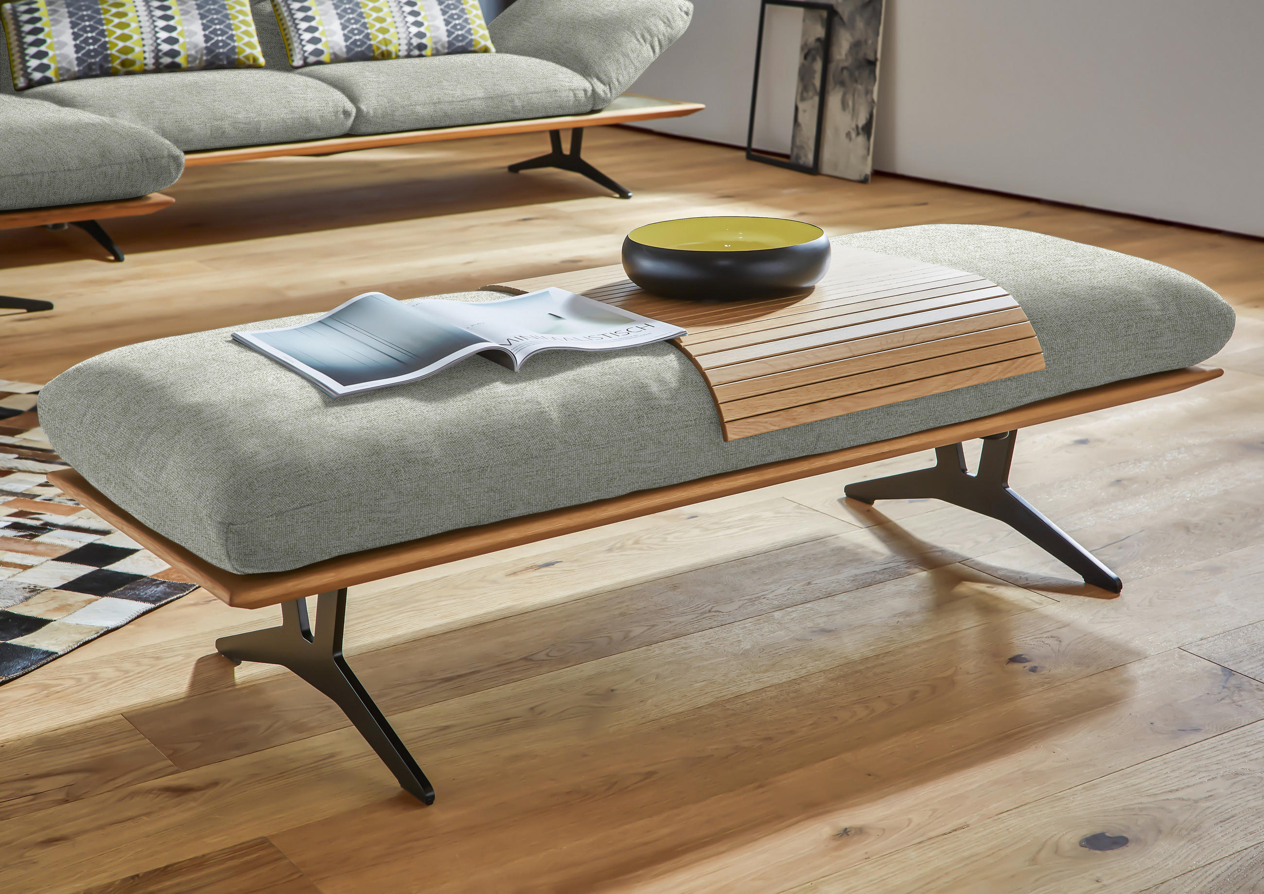 HOCKERBANK in Holz, Textil Greige  - Greige/Schwarz, Design, Holz/Textil (150/43/60cm) - Dieter Knoll