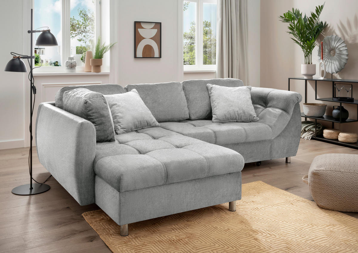 ECKSCHLAFSOFA  mit seitenverkehrt erhältlich, Liegefunktion Mikrofaser Silberfarben  - Chromfarben/Silberfarben, MODERN, Textil/Metall (190/250cm) - Livetastic