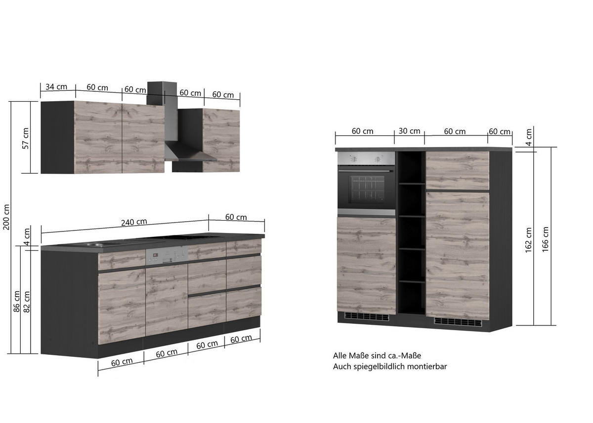 KÜCHENBLOCK 240-150 cm   in Grau, Eiche Wotan  - Eiche Wotan/Grau, Design, Holzwerkstoff (240-150cm) - Held