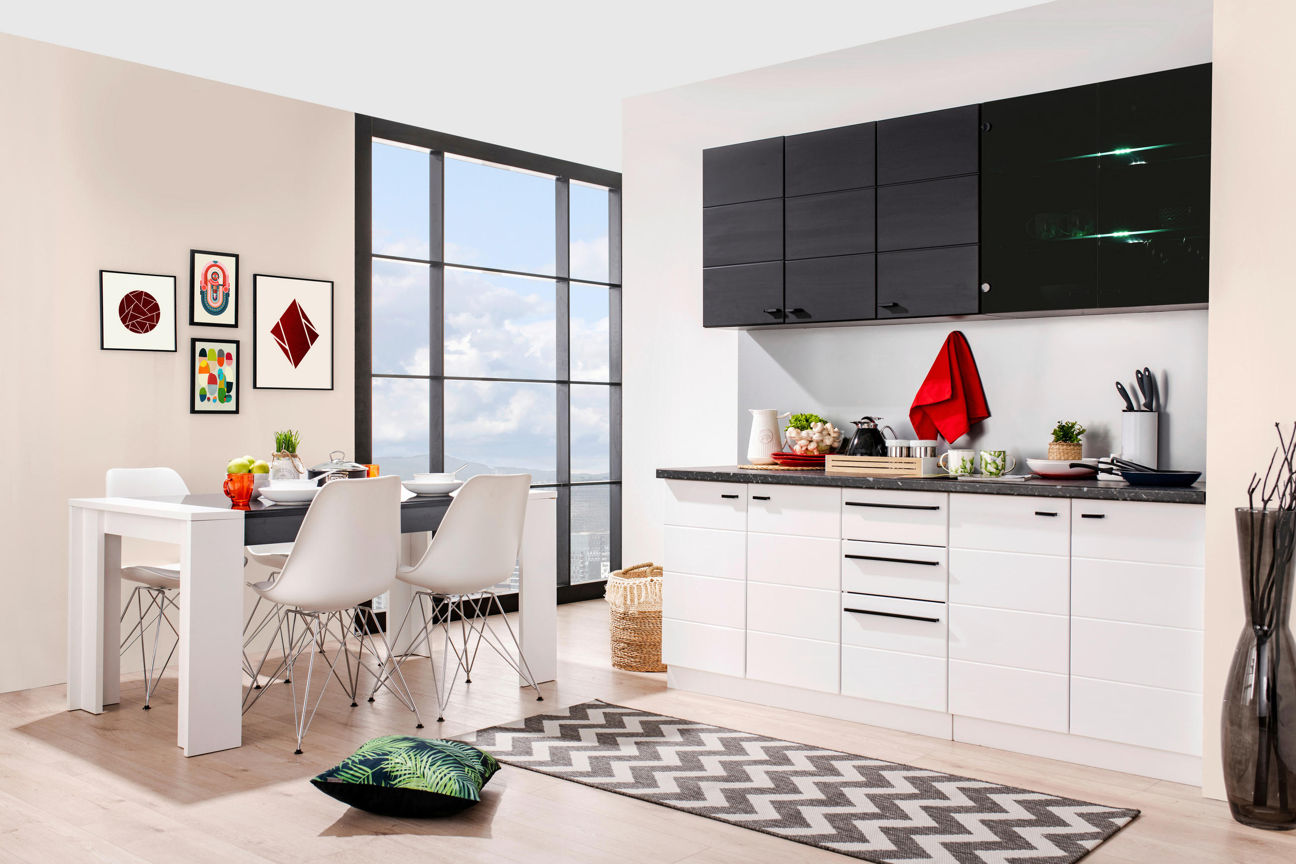 KONYHABLOKK GÉPEK NÉLKÜL 200/51/31/200 cm  - fekete/fehér, Basics, faalapú anyag/Üveg (200/51/31/200cm) - Carryhome